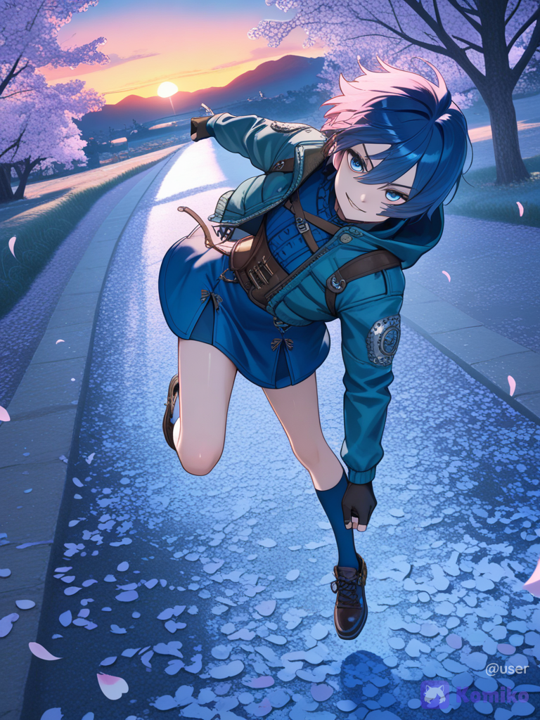 3d, 1boy, outdoor adventure jacket, full body, twilight, cherry blossom path, steampunk corset dress, plastic, slip-on shoes, klein blue, falling, smirk