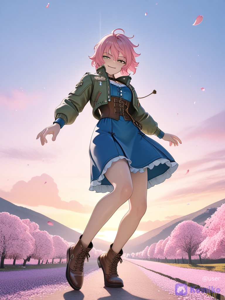 3d, 1boy, outdoor adventure jacket, full body, twilight, cherry blossom path, steampunk corset dress, plastic, slip-on shoes, klein blue, falling, smirk