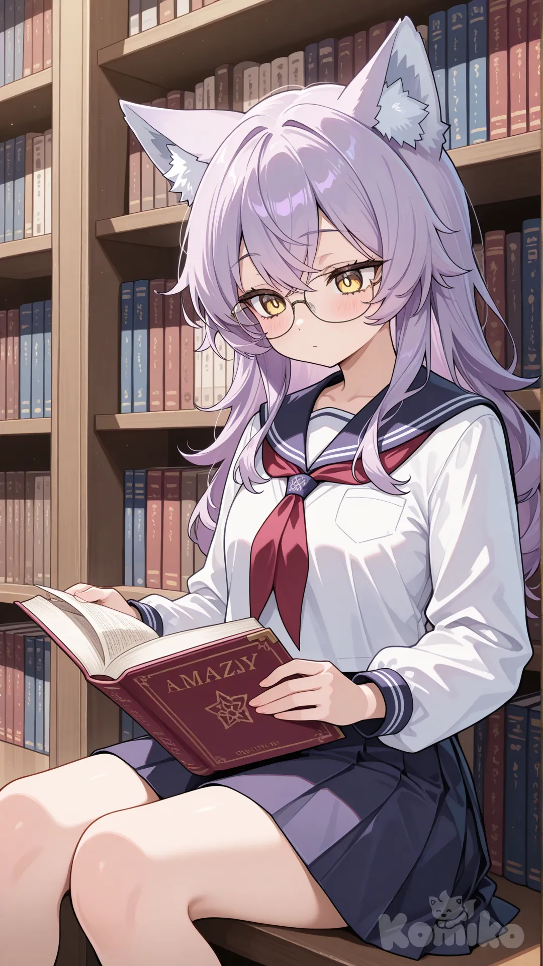 wolf ear, purple hair, yellow eyes, school uniform, glasses, library, reading, open book