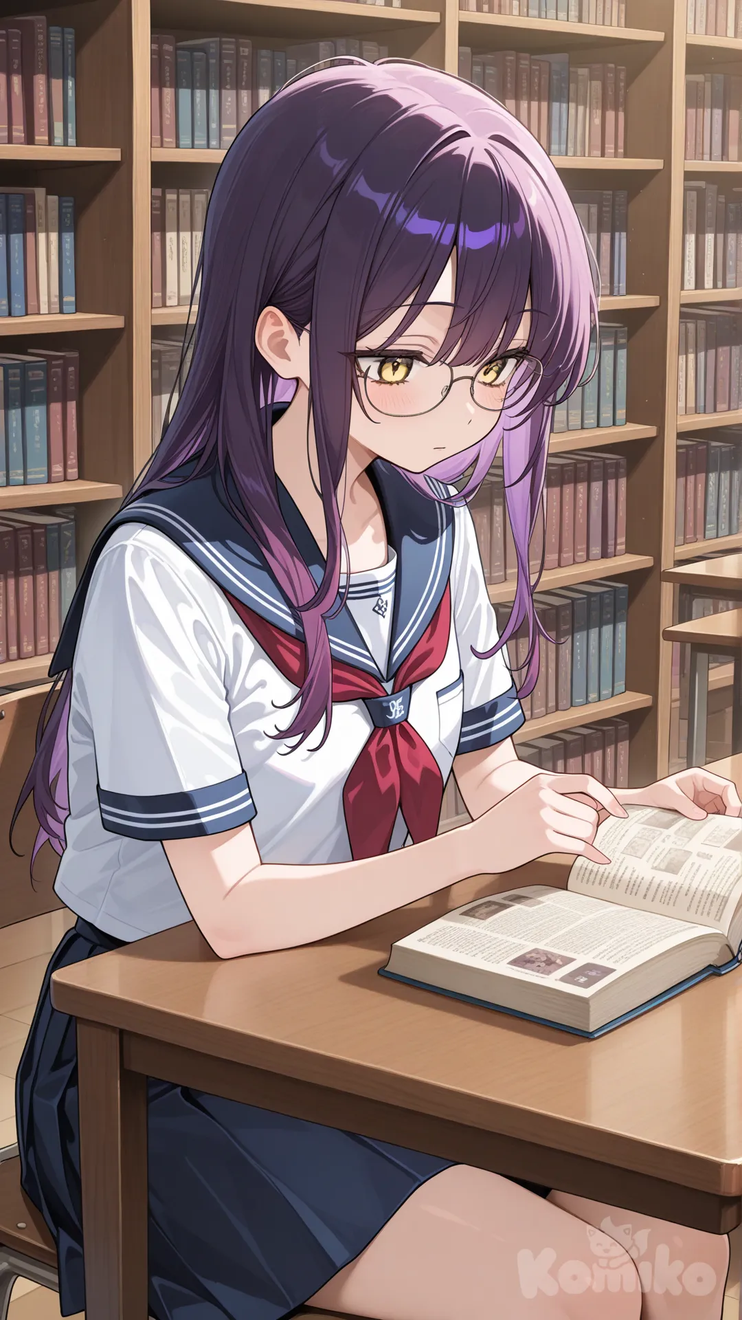 purple hair, yellow eyes, school uniform, glasses, library, reading, open book