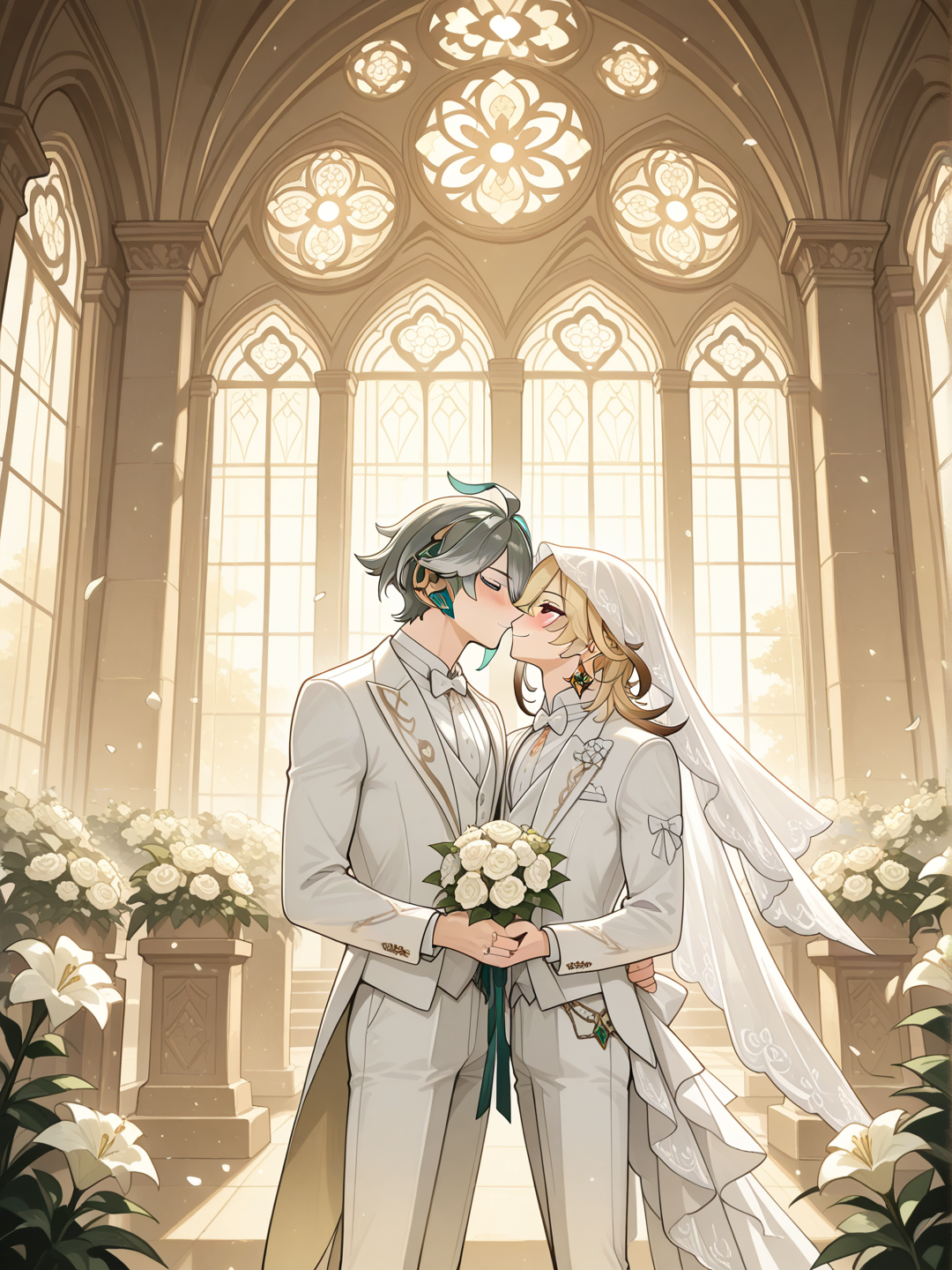 Alhaitham_(Genshin_Impact) and Kaveh_(Genshin_Impact) are getting married. They both have white suits. @kaveh_(Genshin_Impact) has a white veil that doesn't cover her face. They are happy and share a tender kiss. , panoramic lens