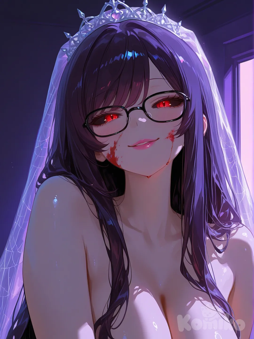 @rize-kamishiro-BZdb, front profile photo, Rize appeared to be a slender girl of average height with an hourglass figure. She has chest-length dark-purple hair that has bangs swept to the left side, red eyes, The white of her eye is black, thin eyebrows and full lips.
Thick black glasses rest on her nose, their shape giving her features a sharp, intentional contrast. She has a sheer veil flows down from the tiara, extending behind her shoulders, the veil features spiderweb-like patterns,she has light pink lipstick, sexy, hot, large breasts, She smiles seductively, [sensual-glossy-style], Close up, looking at viewer, naked, upper body, side light, backlight, night, purple room background,blood on face,psycho