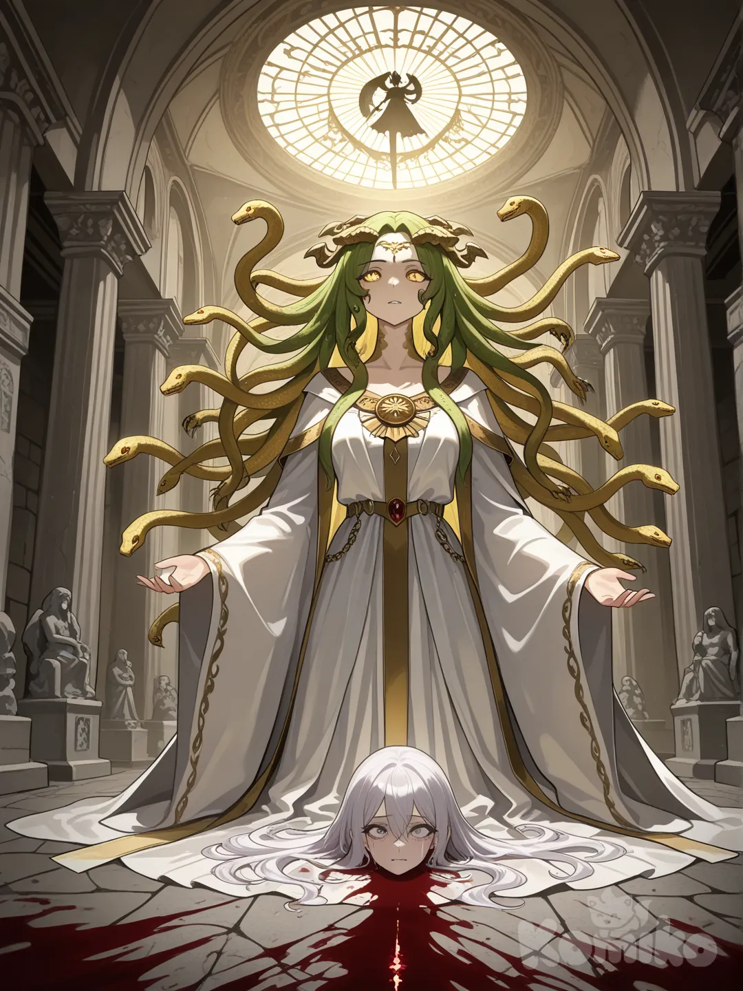 Medusa's story is a tragic myth about a beautiful priestess of Athena who was transformed into a snake-haired monster after being assaulted by Poseidon in Athena's temple; her gaze turned people to stone, leading to her eventual beheading by the hero Perseus, who used her head as a weapon, with the winged horse Pegasus springing from her neck upon her death. Her tale is a powerful depiction of divine punishment, victim blaming, and the transformation from beauty to monstrousness, often highlighting themes of sexual violence and divine wrath.