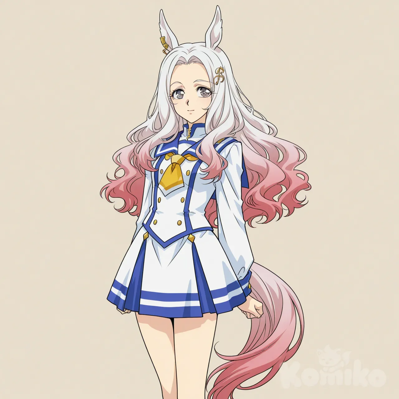 umamusume, gradient hair, white hair, pink hair, medium hair, long hair, wavy hair, fluffy hair, multicolored hair, grey eyes, demure, a bit of a prankster, calm, tall female, short skirt, horse tail, horse ears, musical note, musical note hair ornament, uniform outfit, sailor uniform, [retro-anime-style]