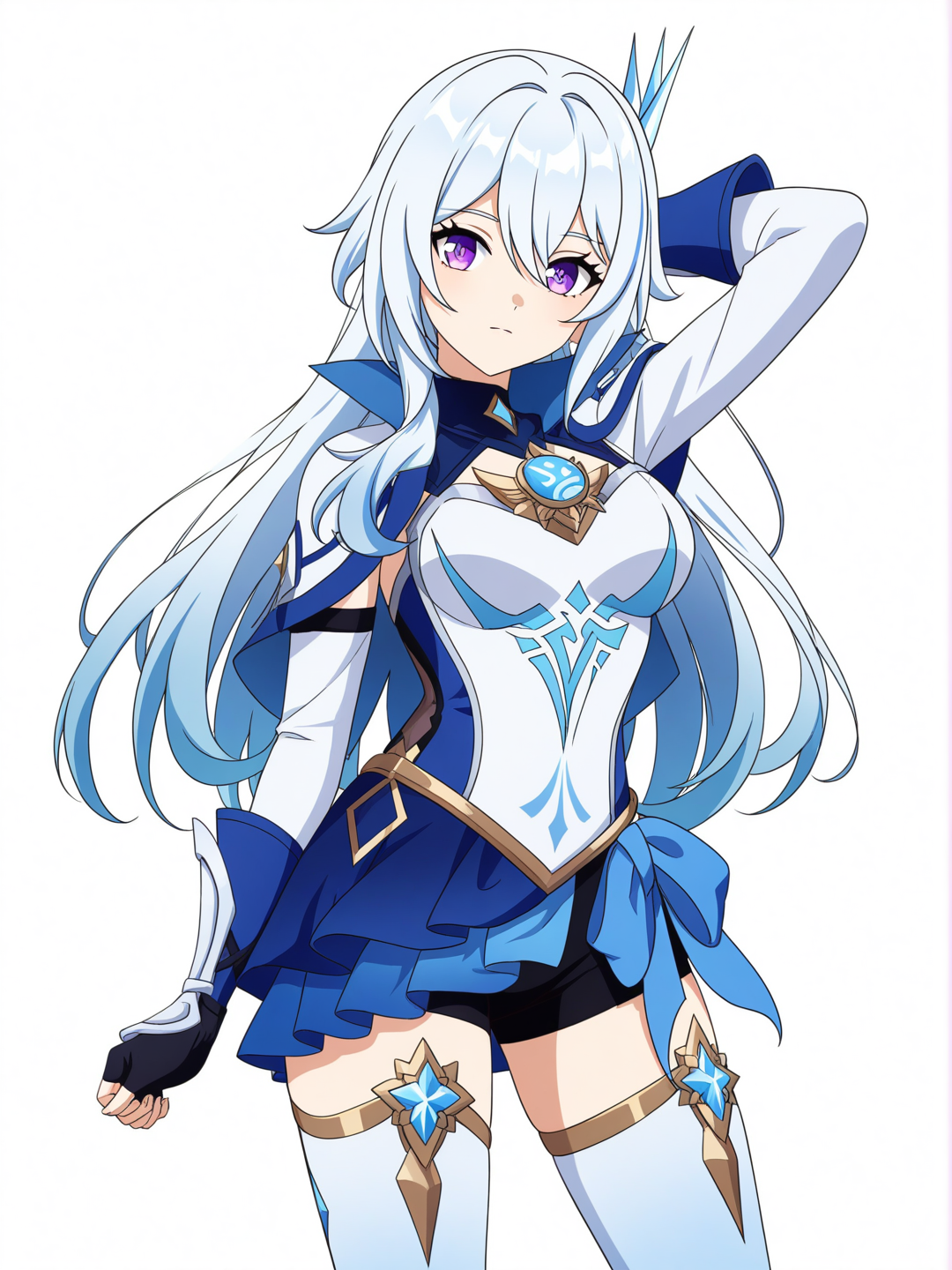 [pop-anime-style] 1girl, genshin impact, white hair, blue hair, medium_long hair, straight hair, bangs, purple eyes, mage outfit, ice skate outfit, half_skirt, thighhighs, knight outfit, gem accessory, fusion outfit, cryo vision, hand behind hair, cool pose, single character, upper body, looking at viewer, anime style, simple background, white background