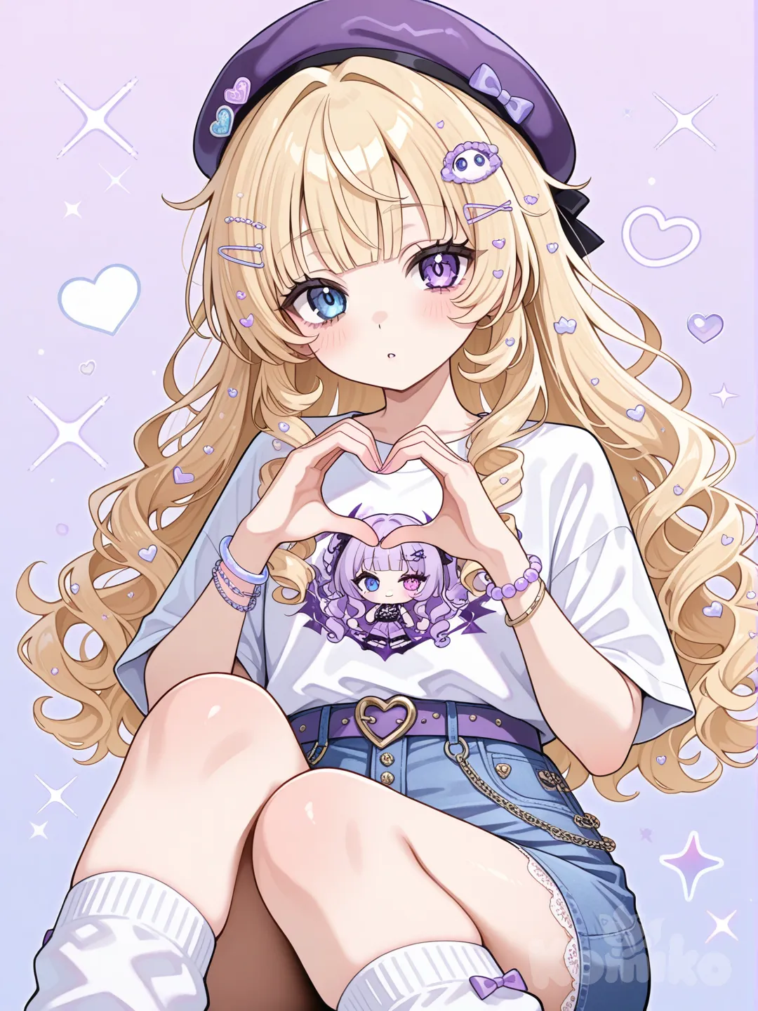 1girl, blonde hair, pale blue eyes, purple eyes, purple on the corner of her righ eye, heterochromia, hair accessory, hairpin, beret, knee-high socks, bracelet, upper body, heart hands, lace, straight bangs, fluffy curls, charcoal black, denim skirt, t-shirt, yana toboso artstyle