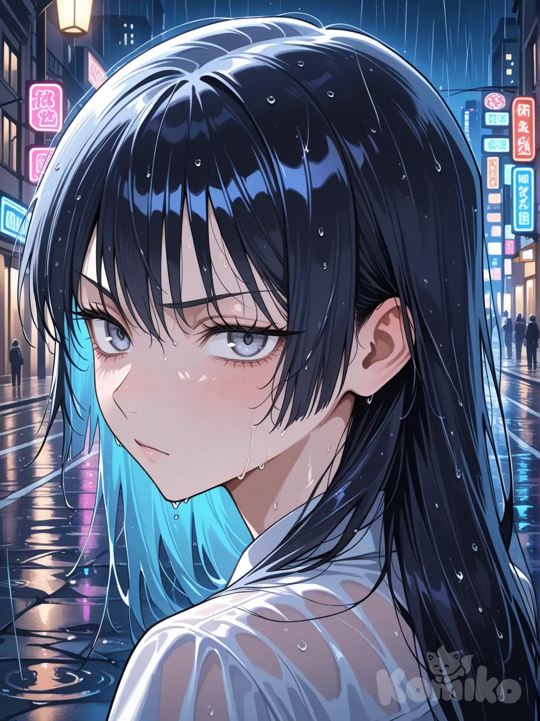 Jujutsu kaisen, 1girl, long hair, straight hair, black hair, blue hair, light grey eyes, looking back, angry, portrait, looking at viewer, night, light, city lights, street, rain