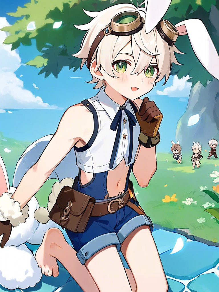 <Bennett_(Genshin_Impact)>, goggles, goggles on head, white hair, short hair, hair between eyes, green eyes, white shirt, sleeveless, navel cutout, brown gloves, brown belt, belt pouch, blue shorts, goggles on head, barefoot. Bennett now fully transformed into a human bunny boy. He has large white bunny ears and a fluffy white tail. He's looking at his reflection in a nearby pond, his face bright red with embarrassment, anime style with soft pastel color and soft lighting