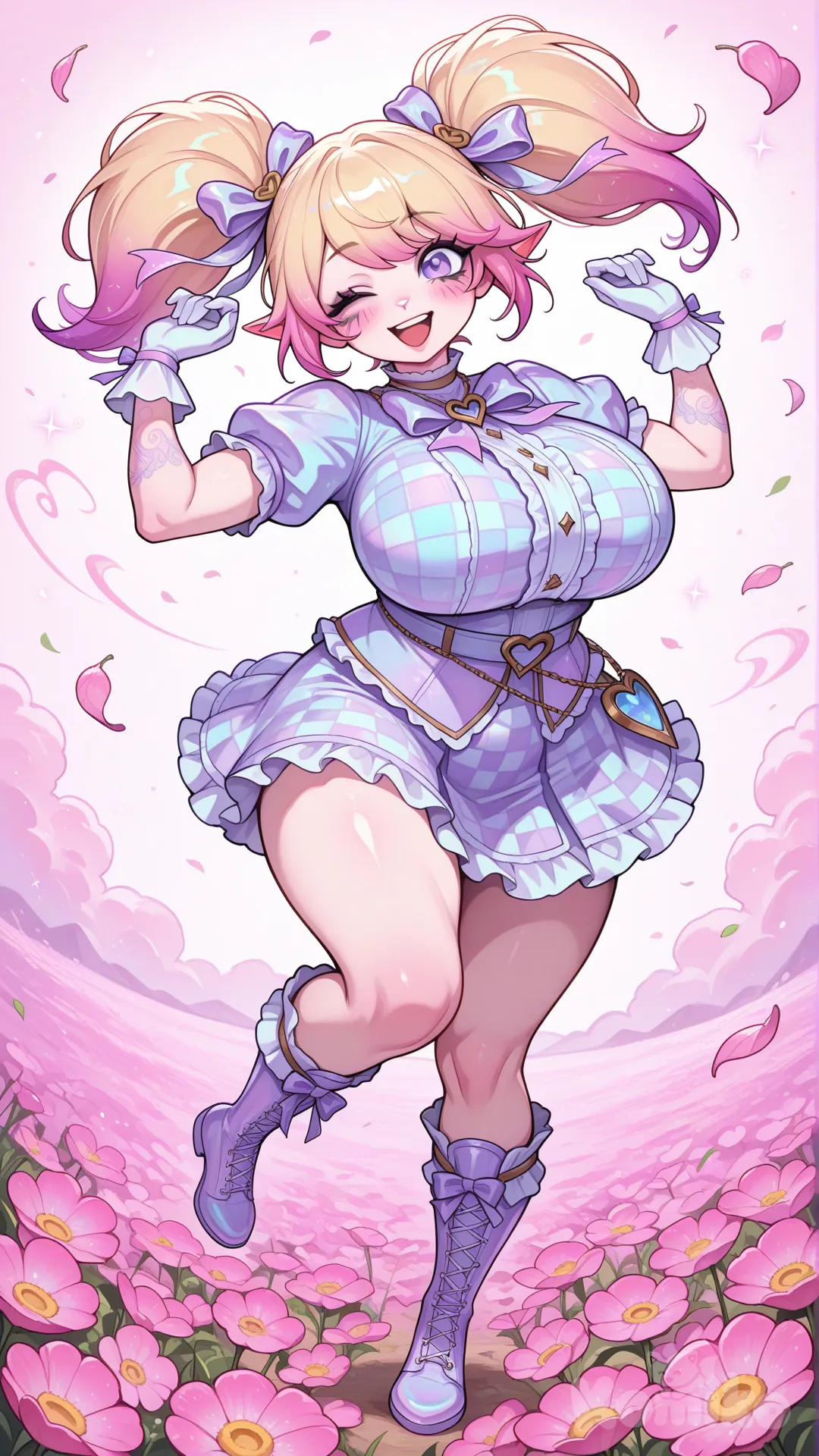 Peinado: El personaje tiene el pelo rubio y corto, peinado en dos coletas altas atadas con lazos rosas. El flequillo cubre parcialmente la frente.

Tono de piel: El tono de piel del personaje es claro.

Rasgos faciales: El personaje tiene ojos grandes y brillantes, una nariz pequeña y una boca abierta en una amplia sonrisa, lo que sugiere una expresión alegre y feliz.

Complexión corporal y postura: La persona es de complexión delgada. Su postura parece dinámica, como si estuviera en movimiento. Pechos enormes y pesados

Ropa: Lleva un conjunto a cuadros rosa y blanco que incluye una falda y una parte superior a juego. El atuendo se completa con guantes blancos y botas a juego que llegan hasta media pantorrilla. El estilo de la ropa es femenino y juvenil.

Accesorios: Los lazos rosas en el pelo son los principales accesorios., [semi-realistic--style], gothic, kawaii, vibrant color, full body, pastel colors, monochrome, Poppy (League Of Legends), dancing, singing, one eye closed, blush flower field, leaves falling músculo ligero algo tonificada pero algo rellenita
