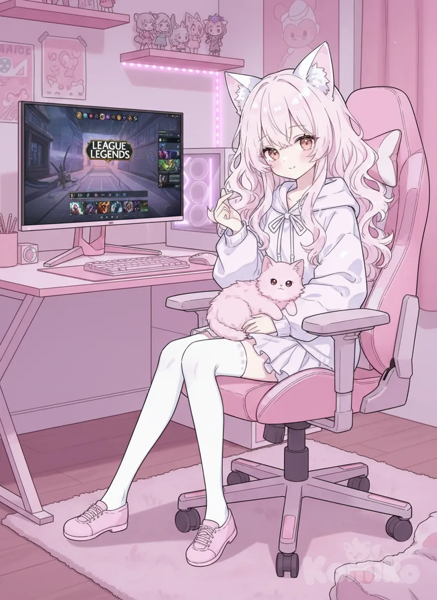 <katii-2rnt>, anime coloring, heart hands, head tilt, she plays on her computer league of legends, her room is pink and cute, she wears white socks and white high thighs, her cat on her lap