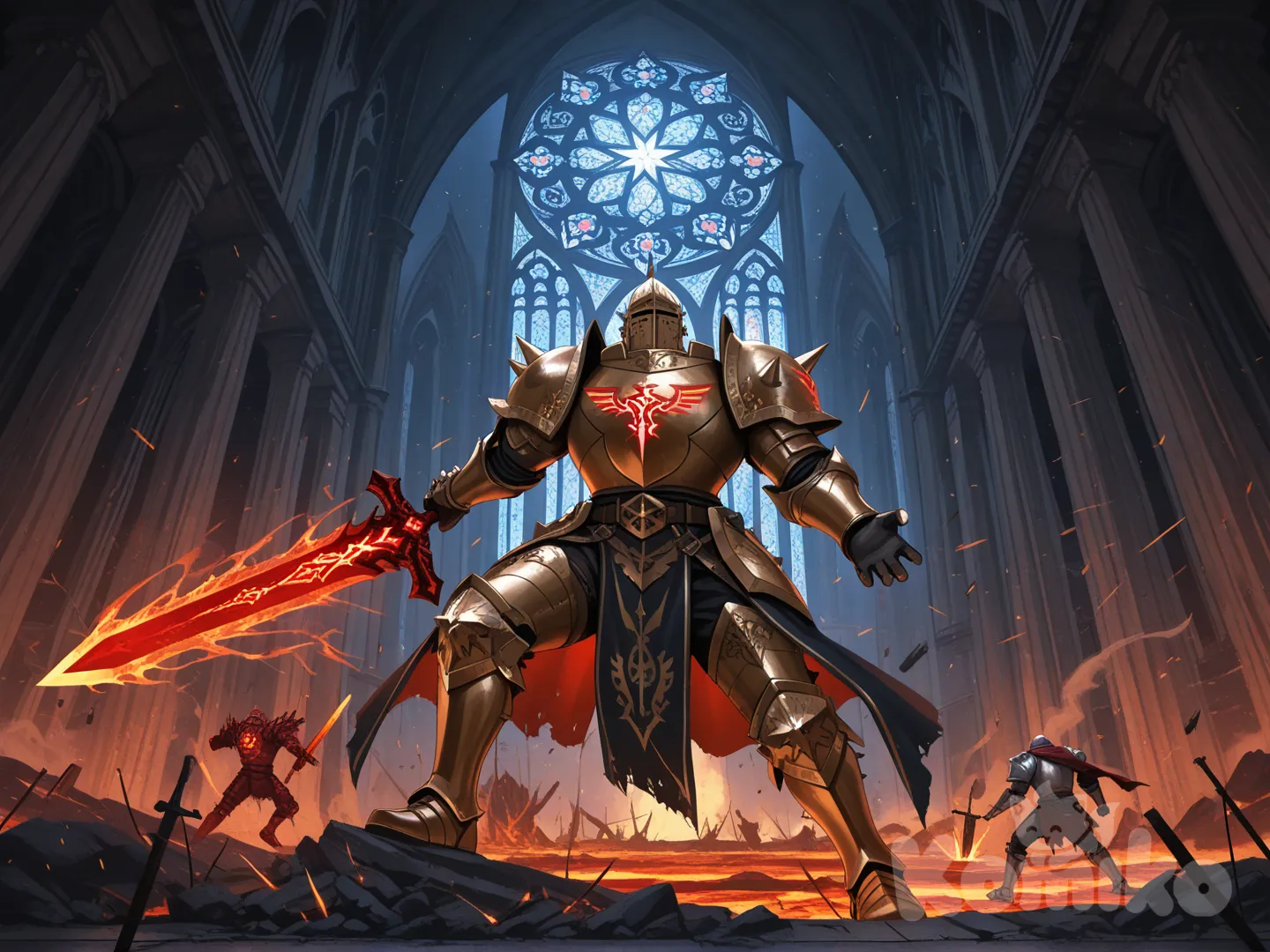 Ultra-cinematic illustration of an elite knight in ornate black-and-gold armor, intricate engravings glowing with azure runes, wielding a massive two-handed flaming greatsword, locked in furious combat against a colossal 12-foot-tall corrupted knight in jagged obsidian armor dripping with molten lava, cracked helmet revealing a burning skull beneath. 

The elite knight is mid-leap, sword slashing downward in a blazing arc, sparks and embers exploding on impact. The giant knight counters with a brutal overhead smash using a monstrous warhammer wreathed in dark crimson energy, shockwaves rippling through the air. 

Ancient ruined cathedral battlefield at night, shattered stained-glass windows raining colorful shards, moonlight cutting through dust and smoke, dramatic rim lighting, flying debris, embers, and blood particles. 

Hyper-realistic, ultra-sharp 8K detail, cinematic color grading, epic scale, dynamic camera angle from below, style of Frank Frazetta + Alphonse Mucha + Greg Rutkowski + WLOP, absurdres