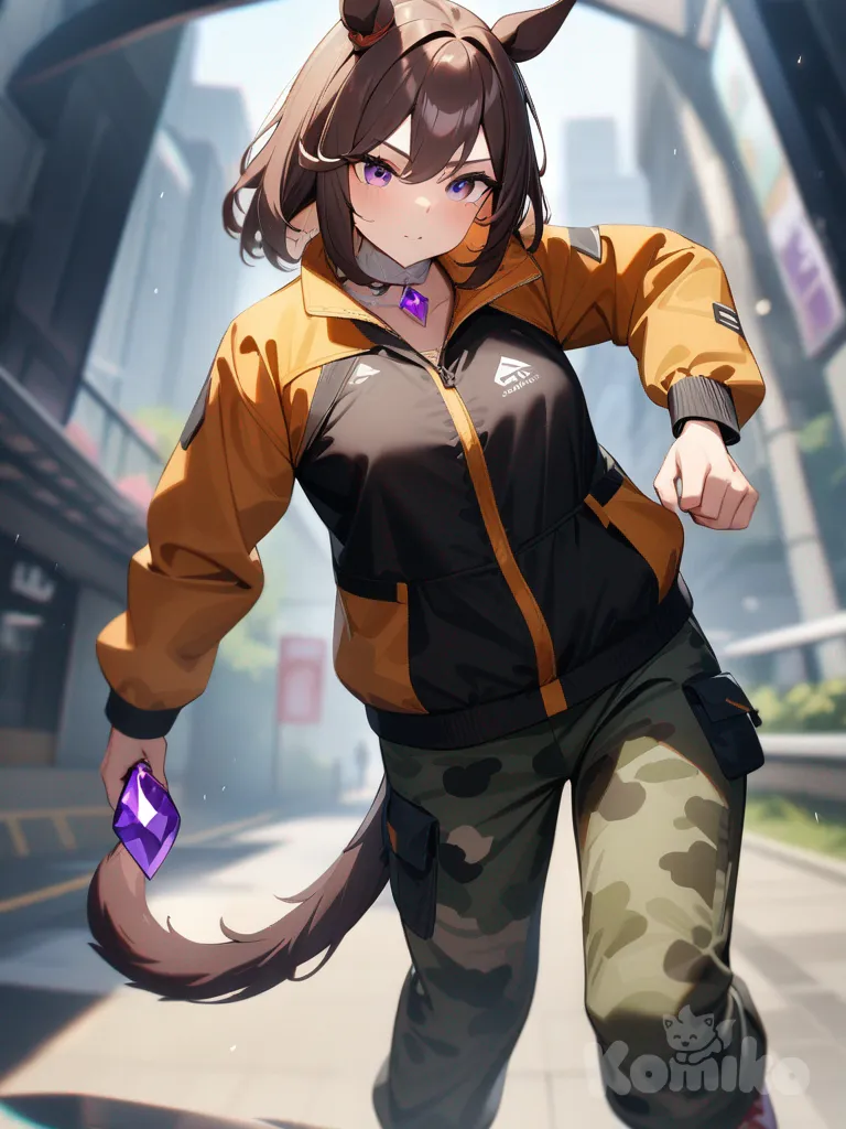 umamusume, ears and tail, wearing an adventure jacket, camouflage pants, athletic shoes and a white bandana aroun her neck with a amethyst stone.