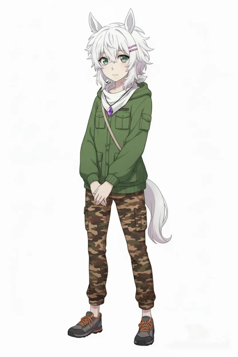 umamusume, umamusume, ears and tail, wearing an adventure jacket, camouflage pants, athletic shoes and a white bandana aroun her neck with a amethyst stone. Small ribbon with amethyst stone wrapped around her left ear