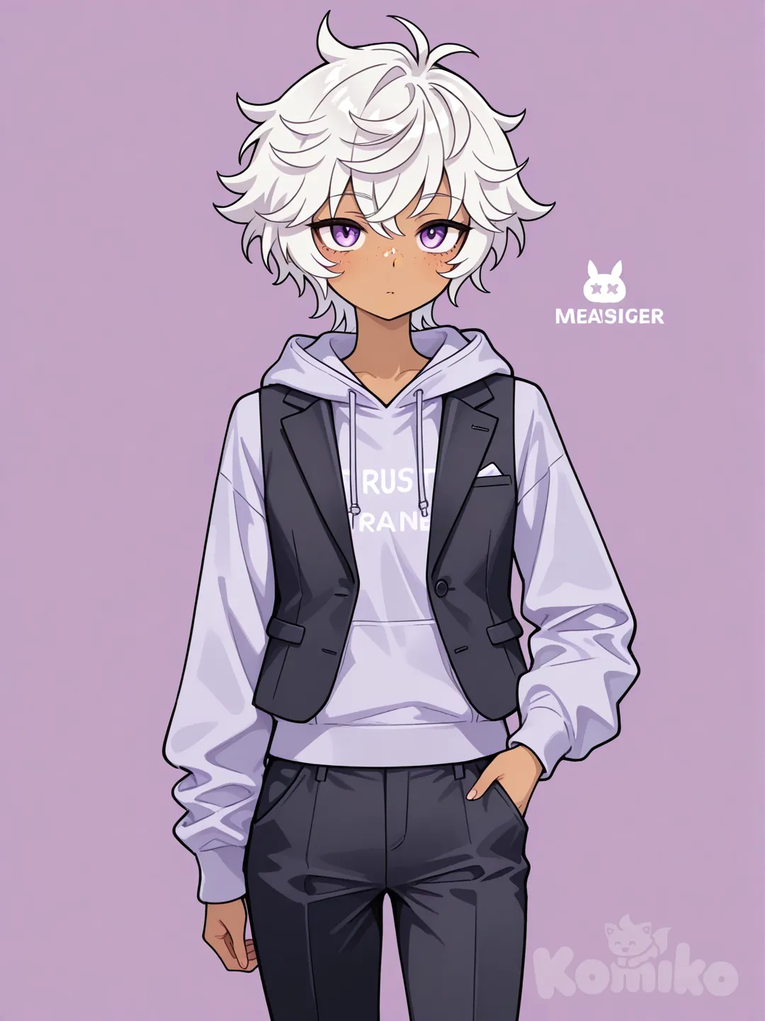 trainer (umamusume), 1girl, teenager, scrawny, short, off-white hair, spiky hair, short hair, purple eyes, freckles, tan skin, vest , hoodie over vest, suit pants