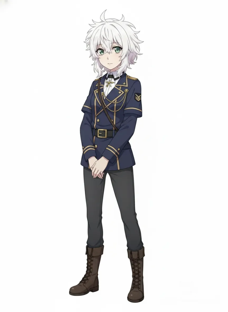 Azur Lane, 1girl, dark blue military-style outfit, The short jacket is open with a white shirt underneath and has a high collar with gold detailing, gold accents on the cuffs. gold ornamental chain across the front. A black belt with a gold buckle cinches her waist. She wears dark gray trousers and brown combat boots. She has a calm neutral expression, standing center looking forward, plain white background