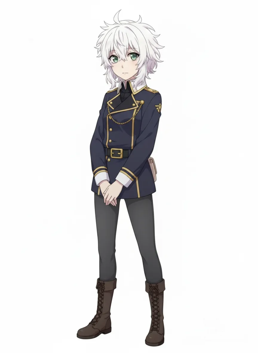 Azur Lane, 1girl, dark blue military-style outfit, The short jacket is open with a white shirt underneath and has a high collar with gold detailing, gold accents on the cuffs. gold ornamental chain across the front. A black belt with a gold buckle cinches her waist. She wears dark gray trousers and brown combat boots. She has a calm neutral expression, standing center looking forward, plain white background, pouch at hip, Untitled2_20251225223924