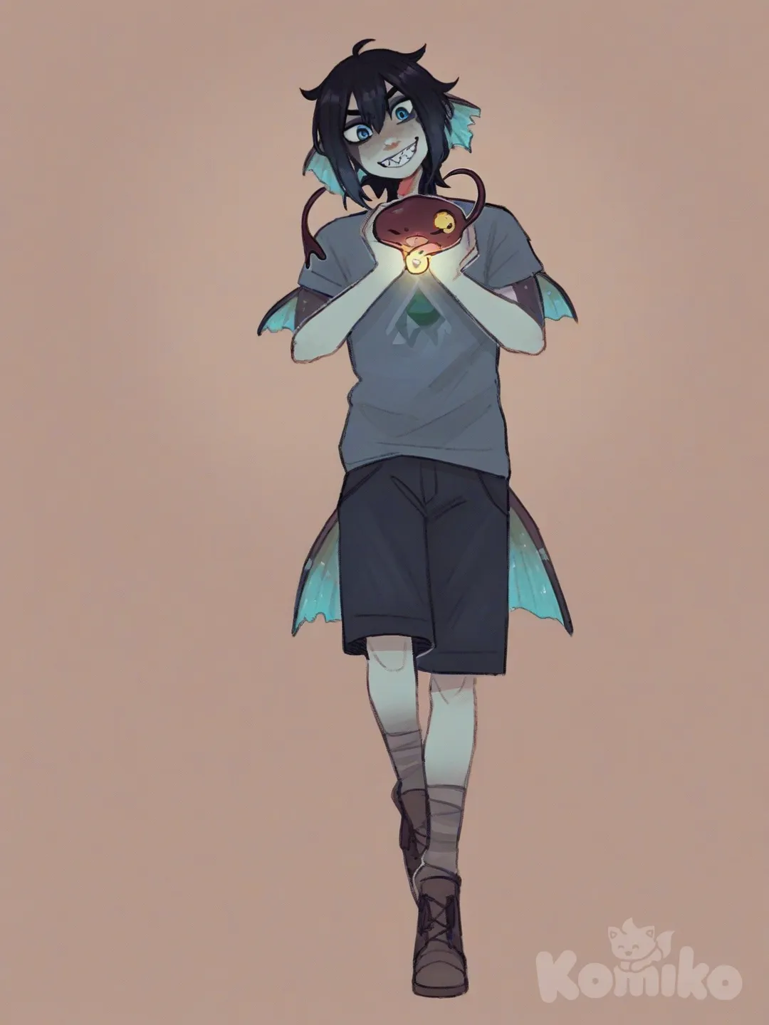 anglerfish, male, half human, fins, the legend of zelda, [soft-shaded-moe-style], head tilt, full body, playful