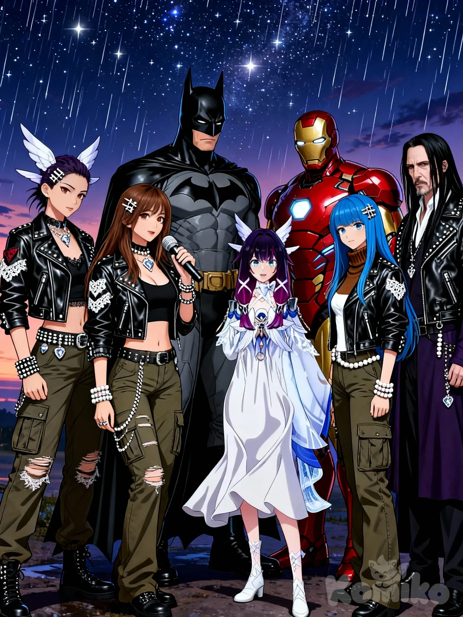 @Columbina_(Genshin_Impact), @Hyuna, @Kurokawa_Akane, @Batman, @Iron_Man, @Severus_Snape, leather jacket, punk leather jacket, cargo pants, lace, hairpin, bracelet, diamonds, pearls, wide shot, twilight, starry sky, rainy, gathering together