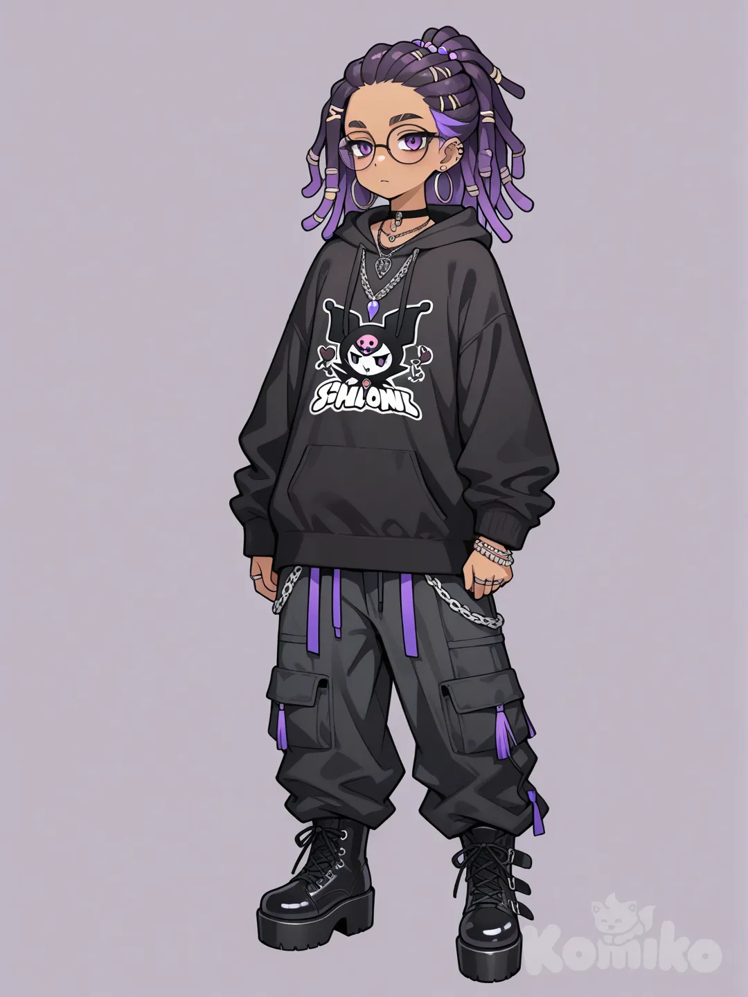 General Appearance and Build: She is tall and slender, with a slight athletic leanness to her movements. Her posture is often relaxed, a bit slouched, which fits perfectly with her baggy style of clothing.

Skin and Facial Features: Her skin has a smooth, warm tan, as if from natural sun rather than a tanning bed. Her face is high-cheekboned, with defined but not sharp lines. Her nose is straight and delicate. Her eyebrows are natural-shaped, slightly darker than her hair roots.

Hair: Her most striking feature is her purple dreadlocks. It's not a flat color but a complex, deep shade where hues of ripe plum, lavender, and dark amethyst shimmer. The dreadlocks vary in thickness and length, some falling well past her shoulders, others gathered near her face. They look well-maintained, with neat, clean roots.

Eyes and Glasses: Her eyes are almond-shaped, the color of dark stormy water or deep indigo. Her gaze is calm, slightly detached. Resting on her nose are glasses with thin metal frames, perhaps silver or dark in color. The lenses might be slightly tinted or just clear, but they are always clean.

Jewelry: She wears a lot of simple, understated jewelry. Woven into the dreadlocks themselves are wooden beads, woolen threads, and thin metal hoops. In her ears—multiple piercings (3 to 5 in each)—are tiny silver studs, miniature rings, and maybe one or two simple tassel earrings. Around her neck (several layers) are thin chain necklaces with symbolic pendants, long leather cords with beads, and possibly a simple choker. On her fingers and wrists—a stack of silver and plain metal rings of varying widths, along with several thin snake-chain bracelets.

Clothing: Her outfit is a study in cozy, oversized aesthetics. She wears a black oversized t-shirt or a loose-fitting hoodie. On the chest or back is a large, prominent print of Kuromi from the Hello Kitty universe. The pink-and-black character with its pointy hood contrasts with the overall dark background of the clothing. The bottom consists of roomy black cargo pants or quilted joggers, which might be a bit too long, pooling slightly over the thick soles of chunky boots or sneakers. The entire silhouette obscures her figure's outlines, creating an aura of comfort and mild rebellious nonchalance.

, watercolor, American comic style, digital color comicbook styl