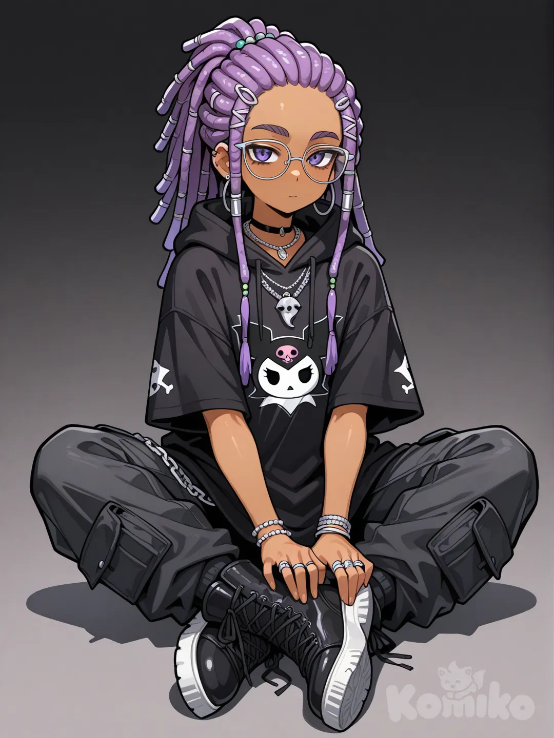 General Appearance and Build: She is tall and slender, with a slight athletic leanness to her movements. Her posture is often relaxed, a bit slouched, which fits perfectly with her baggy style of clothing.

Skin and Facial Features: Her skin has a smooth, warm tan, as if from natural sun rather than a tanning bed. Her face is high-cheekboned, with defined but not sharp lines. Her nose is straight and delicate. Her eyebrows are natural-shaped, slightly darker than her hair roots.

Hair: Her most striking feature is her purple dreadlocks. It's not a flat color but a complex, deep shade where hues of ripe plum, lavender, and dark amethyst shimmer. The dreadlocks vary in thickness and length, some falling well past her shoulders, others gathered near her face. They look well-maintained, with neat, clean roots.

Eyes and Glasses: Her eyes are almond-shaped, the color of dark stormy water or deep indigo. Her gaze is calm, slightly detached. Resting on her nose are glasses with thin metal frames, perhaps silver or dark in color. The lenses might be slightly tinted or just clear, but they are always clean.

Jewelry: She wears a lot of simple, understated jewelry. Woven into the dreadlocks themselves are wooden beads, woolen threads, and thin metal hoops. In her ears—multiple piercings (3 to 5 in each)—are tiny silver studs, miniature rings, and maybe one or two simple tassel earrings. Around her neck (several layers) are thin chain necklaces with symbolic pendants, long leather cords with beads, and possibly a simple choker. On her fingers and wrists—a stack of silver and plain metal rings of varying widths, along with several thin snake-chain bracelets.

Clothing: Her outfit is a study in cozy, oversized aesthetics. She wears a black oversized t-shirt or a loose-fitting hoodie. On the chest or back is a large, prominent print of Kuromi from the Hello Kitty universe. The pink-and-black character with its pointy hood contrasts with the overall dark background of the clothing. The bottom consists of roomy black cargo pants or quilted joggers, which might be a bit too long, pooling slightly over the thick soles of chunky boots or sneakers. The entire silhouette obscures her figure's outlines, creating an aura of comfort and mild rebellious nonchalance.

, watercolor, American comic style, digital color comicbook style