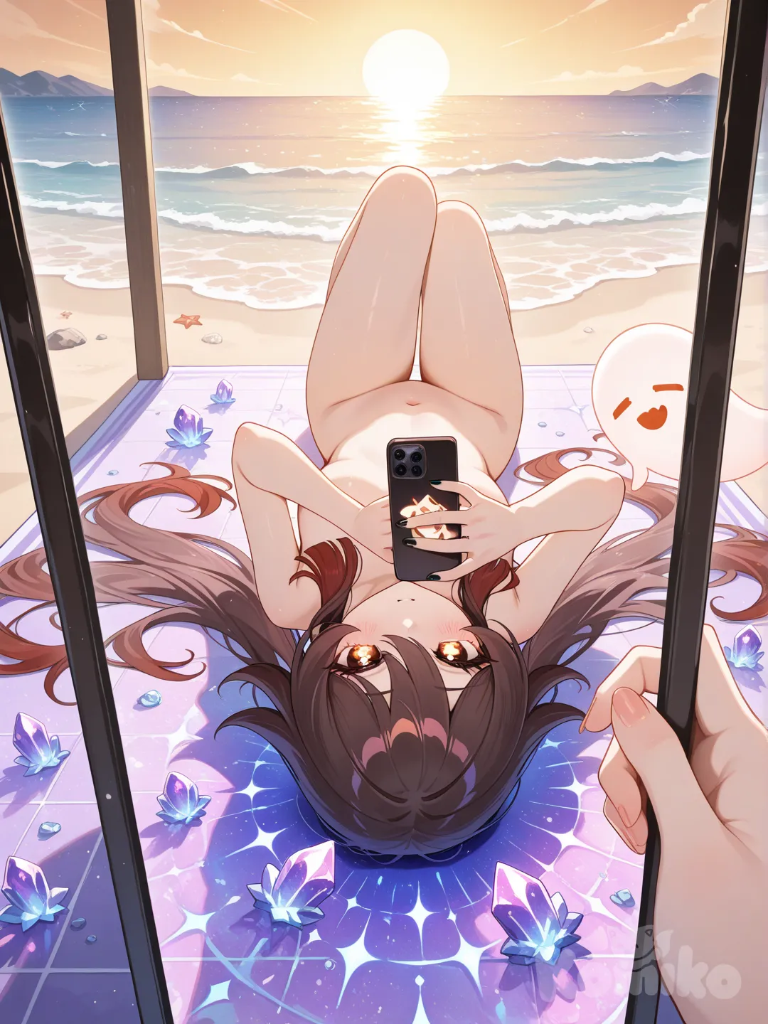 @Boo_Tao_(Genshin_Impact) sem roupa usando celular para tirar foto de si mesma deitadda no chao da areai do mar cristalino ao redor dia de sol neon dourado