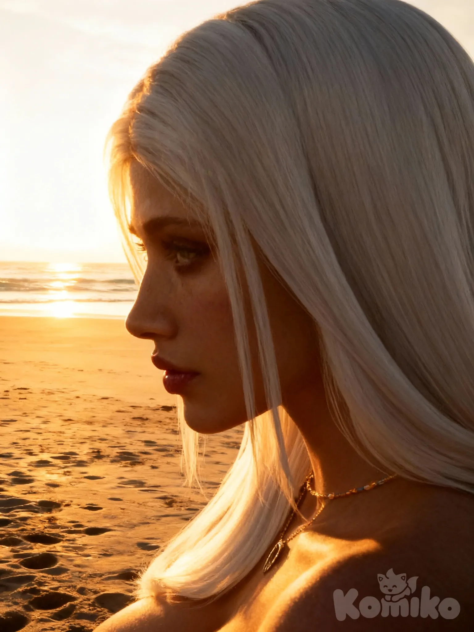 portrait, closeup, full body, side profile photo, very close up, beach, side pov, closeup, camera angle female pov zoomed in, cinematic lighting