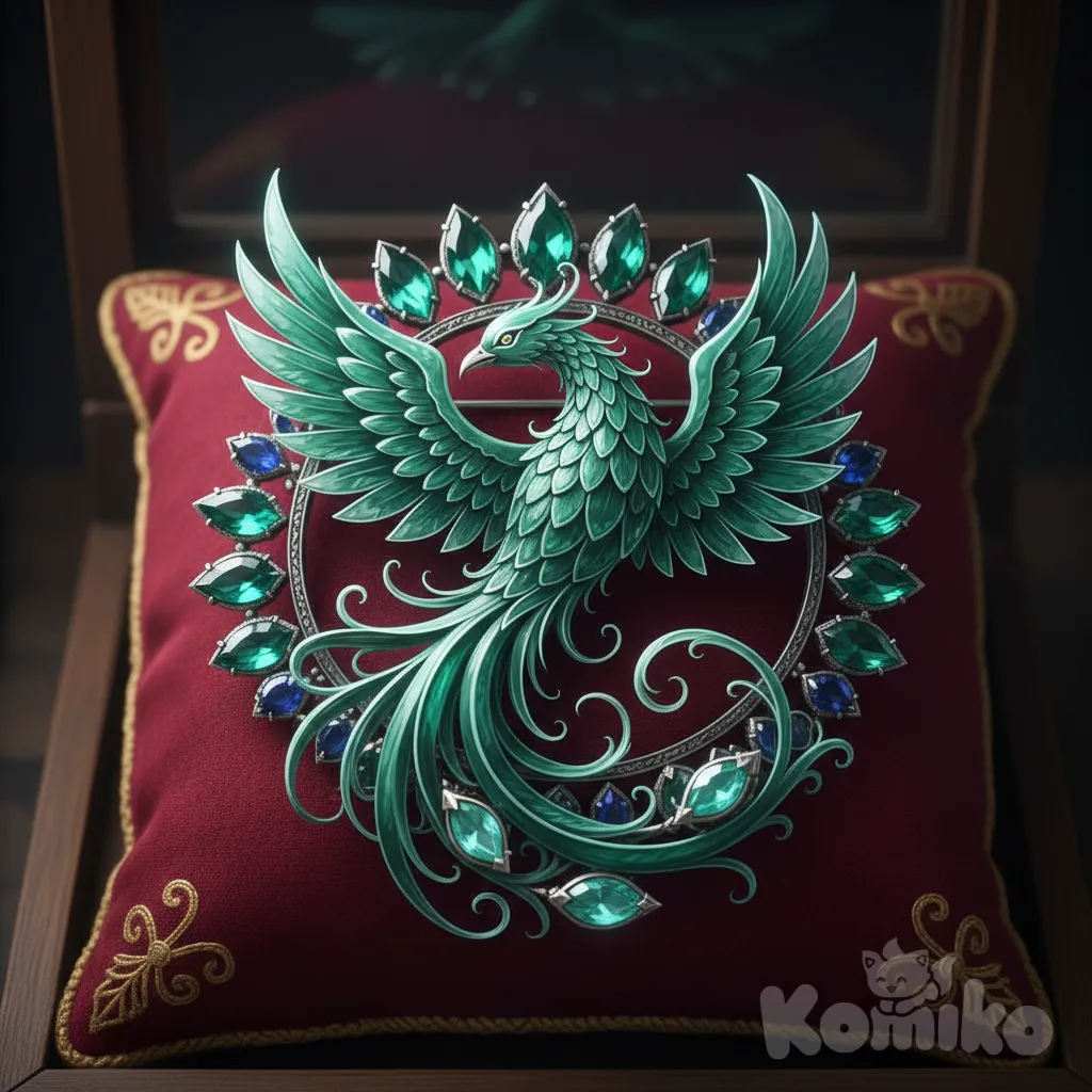 Medieval brooch, emerald phoenix, anime stylized, emerald gems, anime style