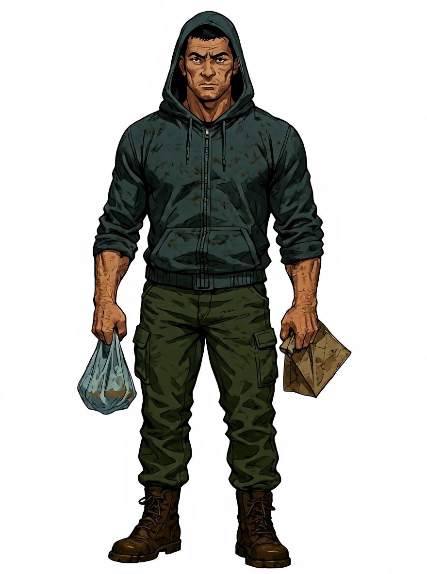 1boy, Dante Virex, realistic, middle-aged, muscular, athletic, black hair, brown eyes, scar, tan skin, hoodie, cargo pants, single character, full body, looking at viewer, simple background, white background