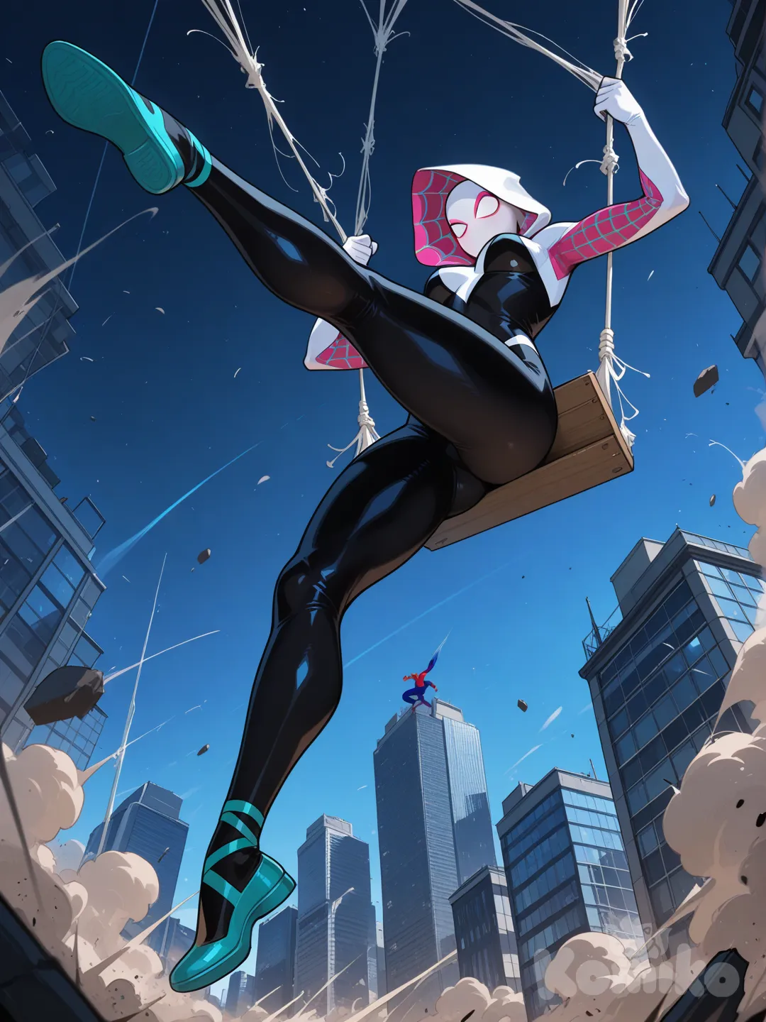 @Spider-Gwen, @Spider-Man,They swung on webs and crashed into buildings., full body, from below, medium long shot, cityscape