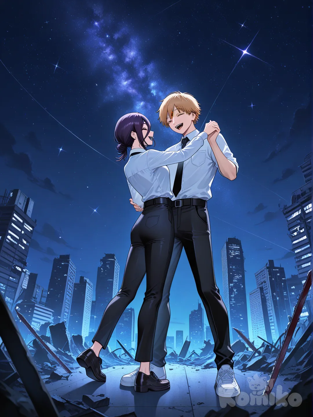 @Reze_(Chainsaw_Man), @Denji_(Chainsaw_Man), dancing, laughing, full body, skyscraper, ruins