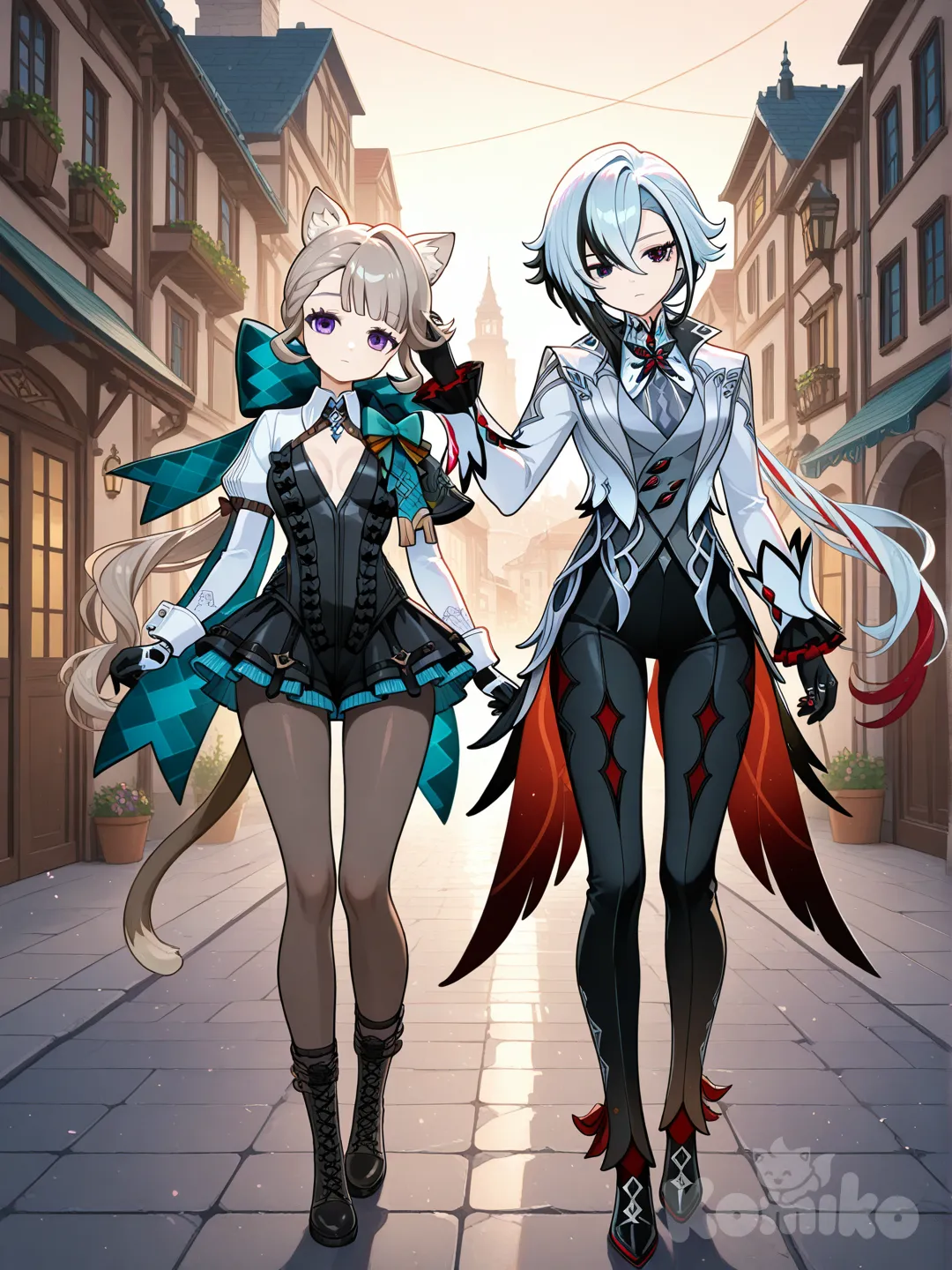 @Arlecchino_(Genshin_Impact), head tilt, expressionless, headpat, @Lynette_(Genshin_Impact), full body, cityscape