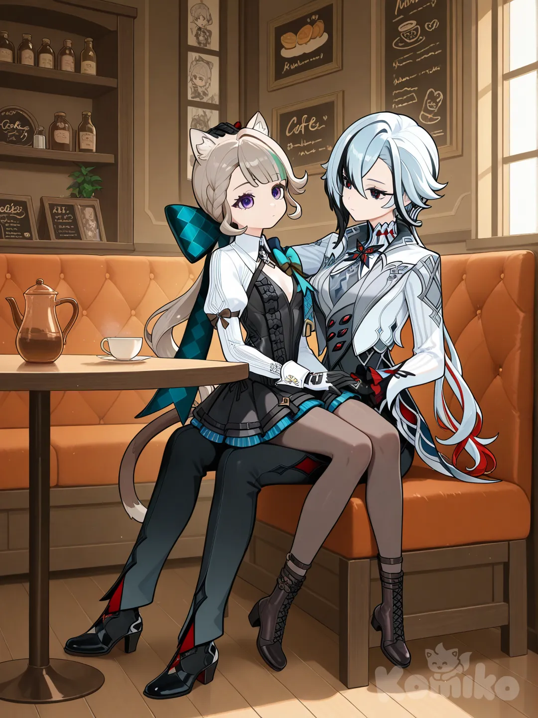 Arlecchino (Genshin Impact), head tilt, expressionless, headpat, Lynette (Genshin Impact), full body, sitting on lap, cafe