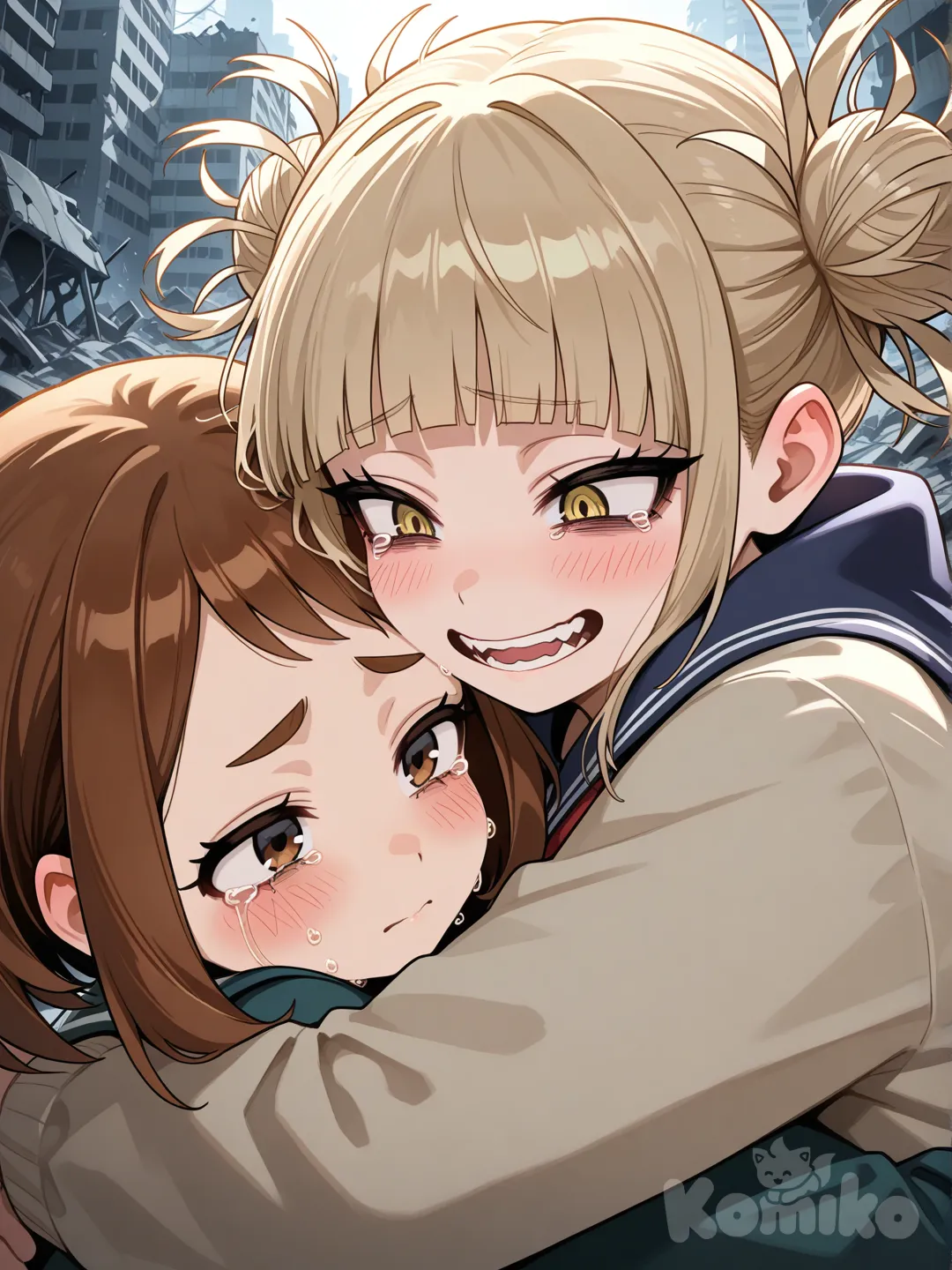 @Uraraka_Ochako, @Toga_Himiko, embracing each other in the ruins of the city, crying, close-up view.