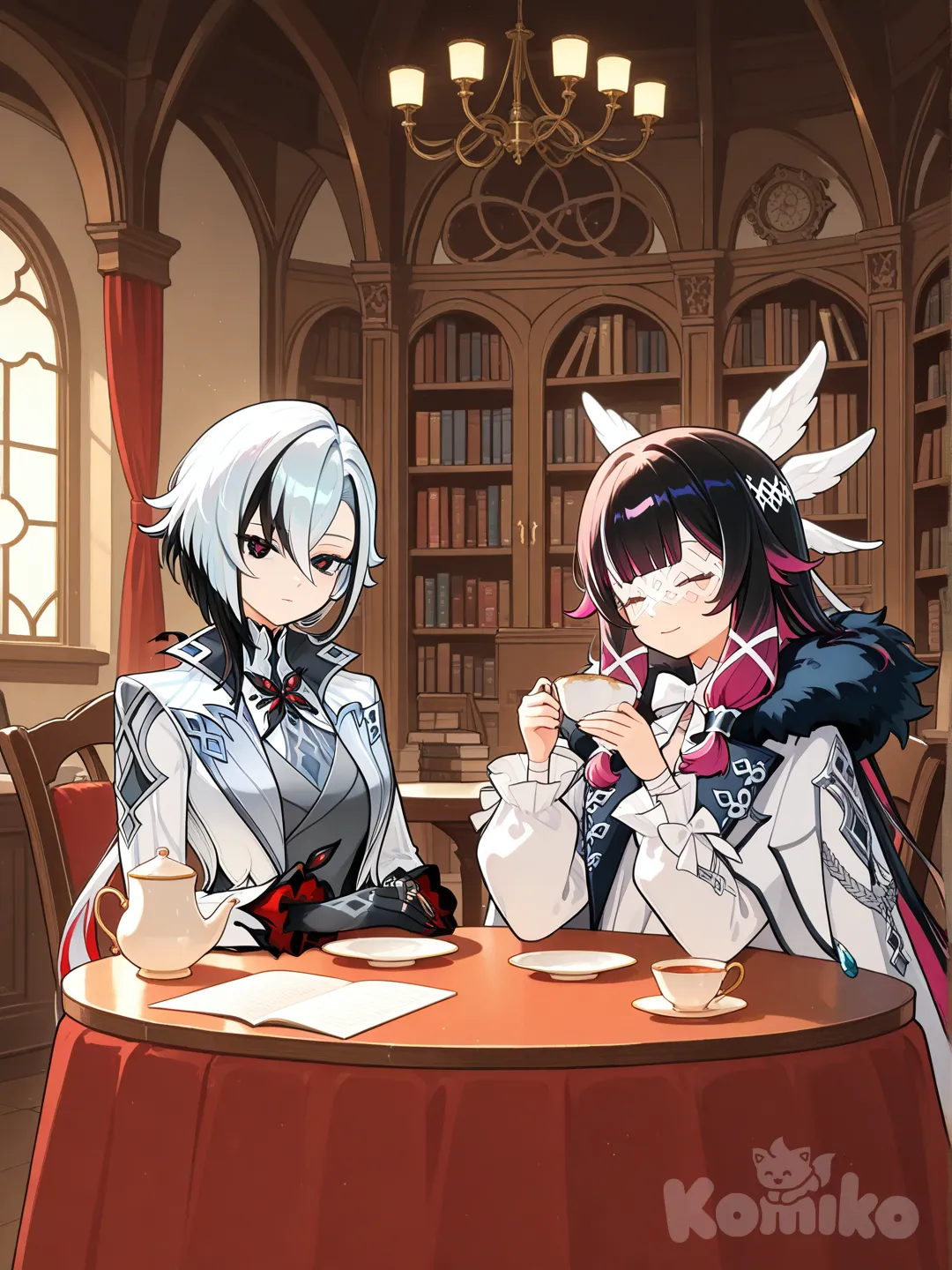 Arlecchino (Genshin Impact), Columbina (Genshin Impact), tea time, looking at viewer, library