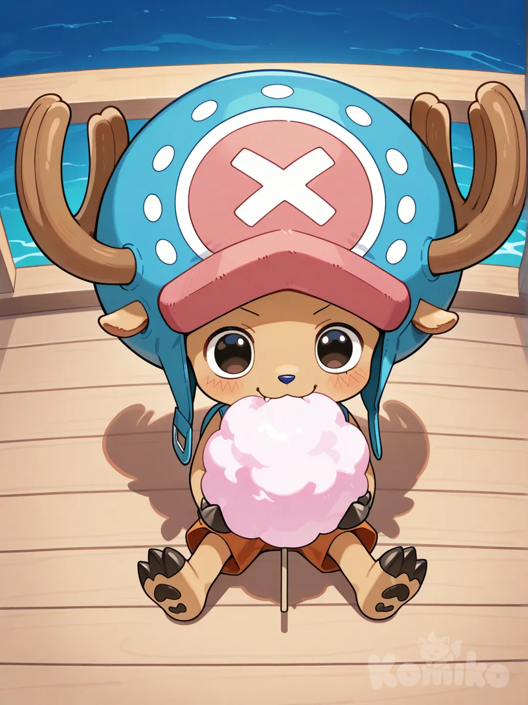 @Tony_Tony_Chopper, smile, blush, Sitting and eating cotton candy. Onboard the Sunny., full body, closeup