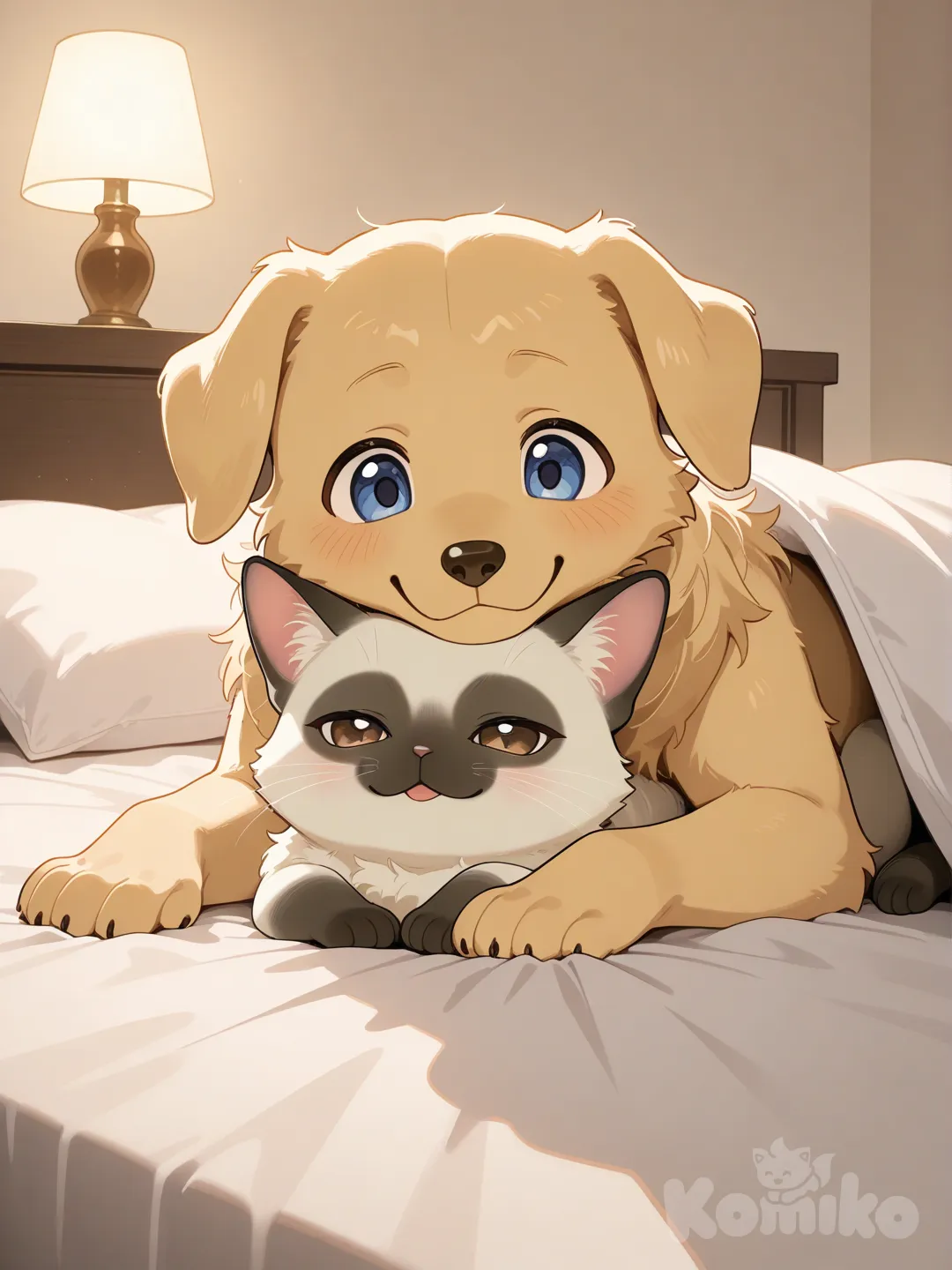 Two Siamese cats are playing with a Golden Retriever puppy on the bed.