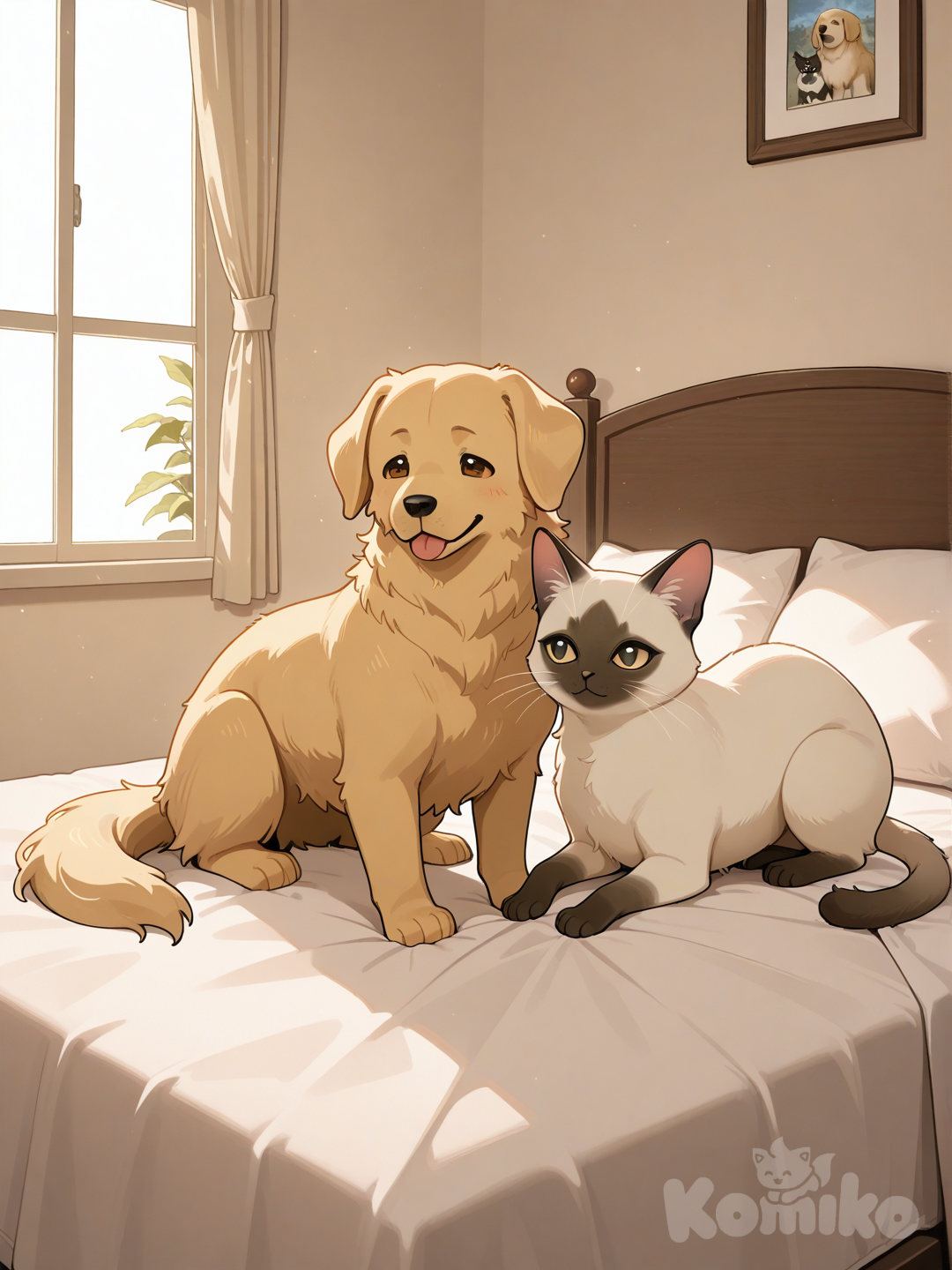 Siamese cats are playing with a Golden Retriever puppy on the bed.
