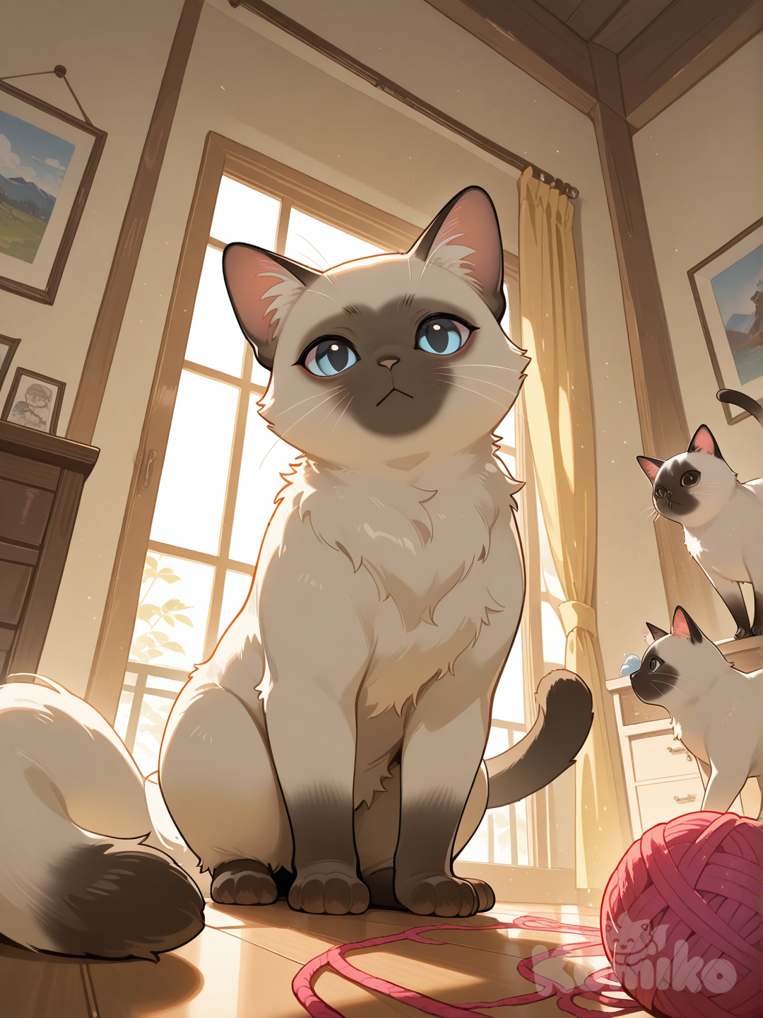 Siamese cats playing with yarn balls.