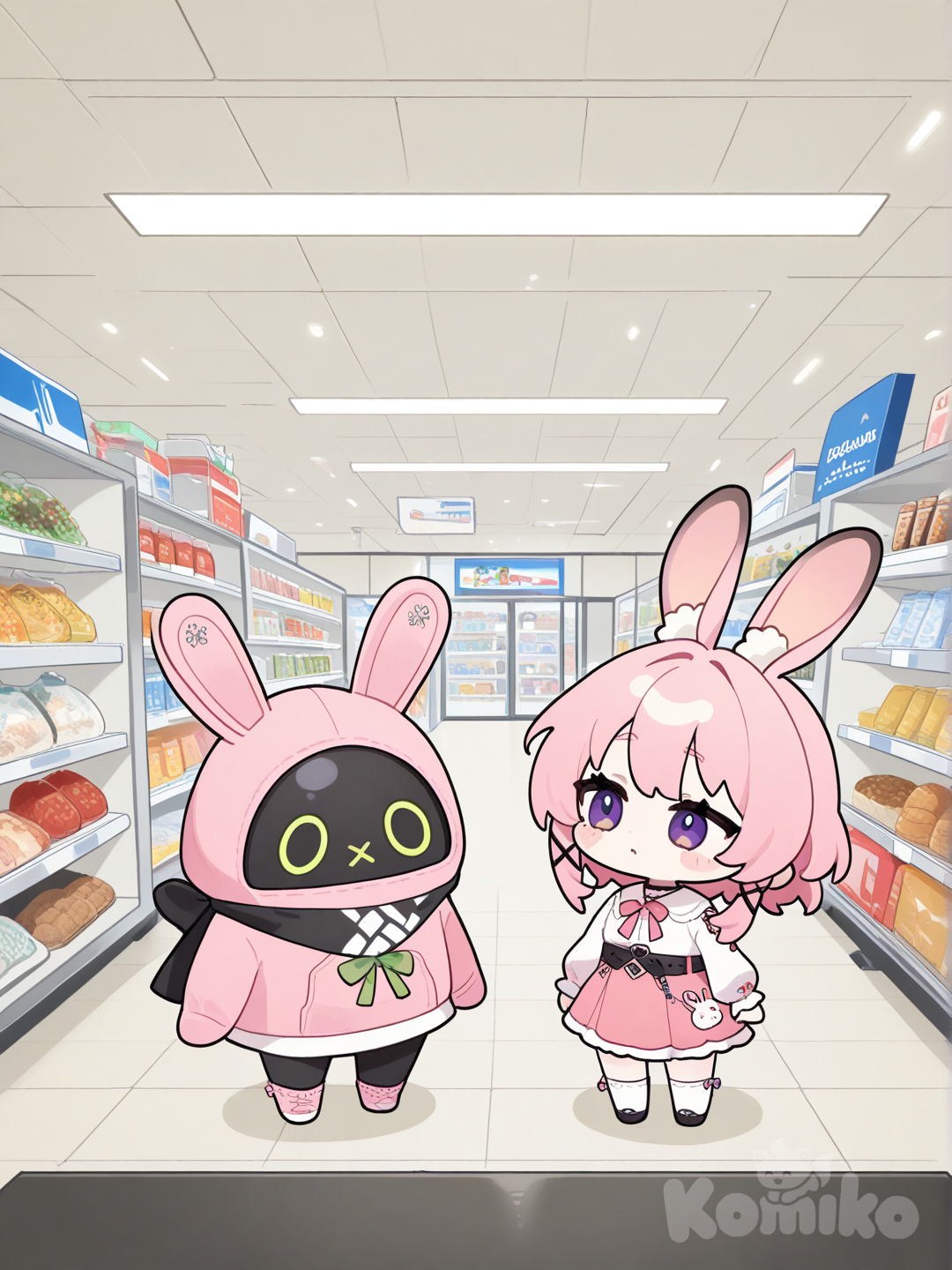 @Bangboo_(Zenless_Zone_Zero),A pink rabbit, looking at each other., head tilt, convenience store