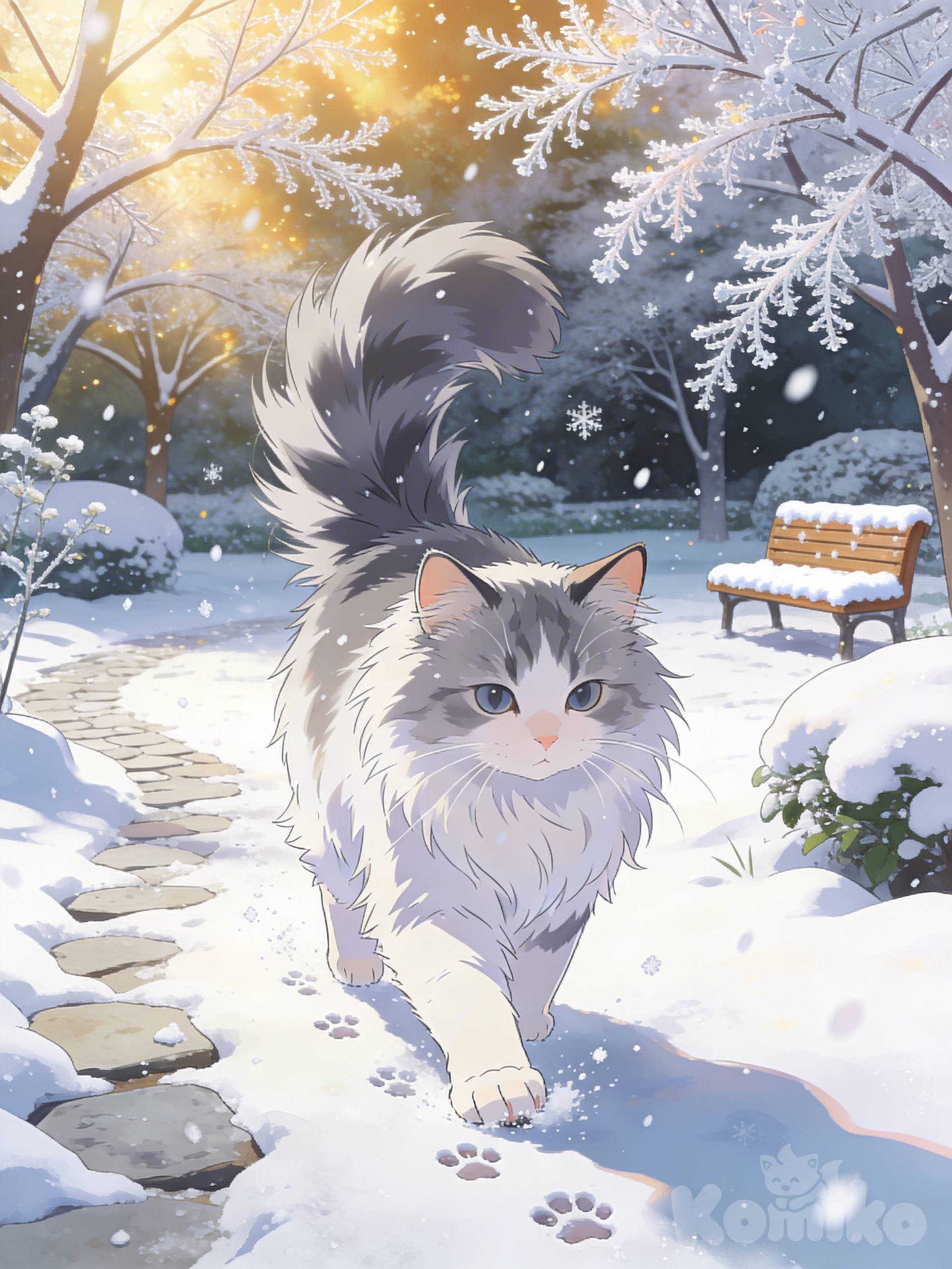 Cat,Siberian cat, park, garden, snowy