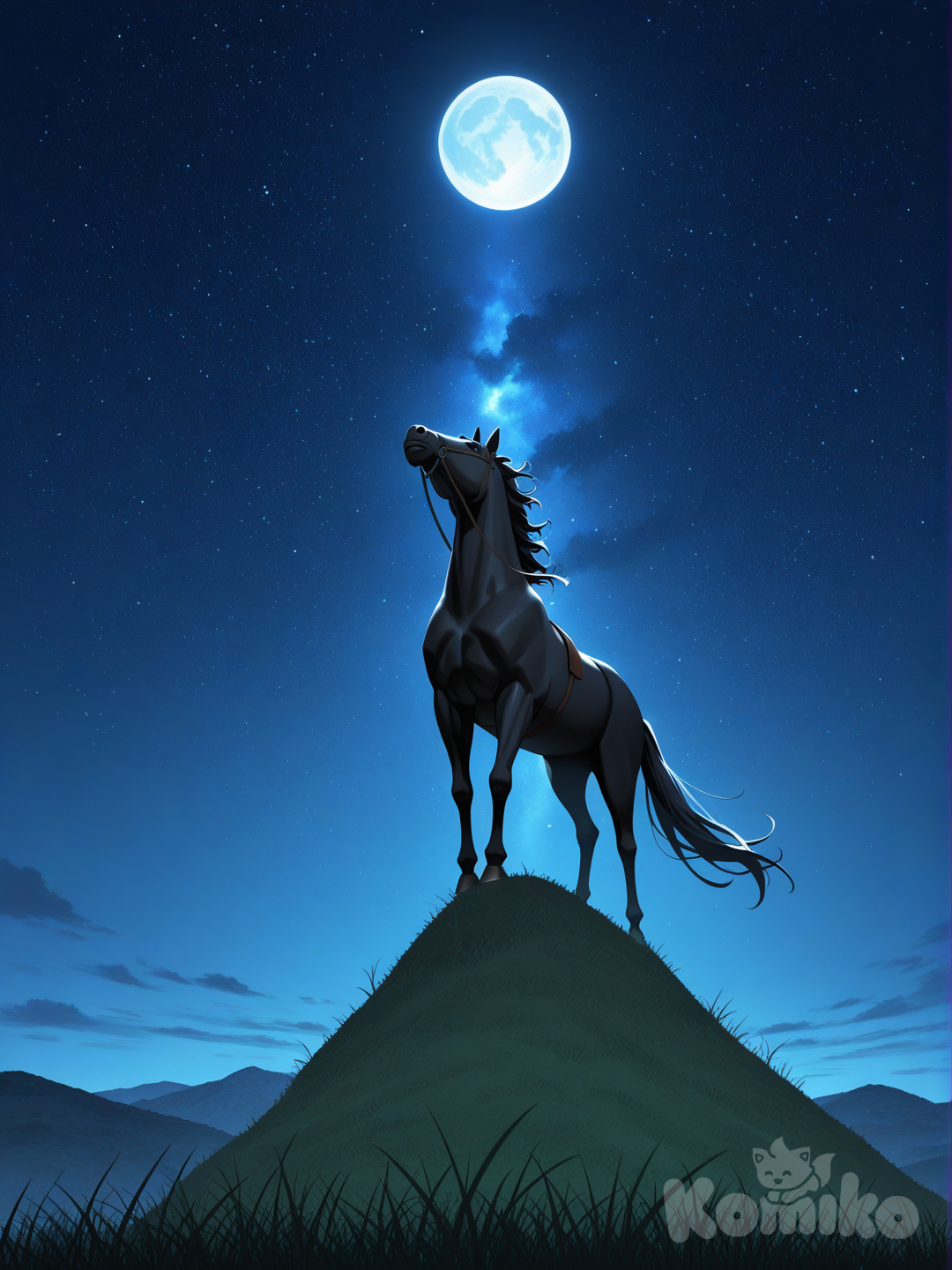 Black Horse, Hilltop, night, full moon, big moon, full body, side profile photo, from below, panoramic lens
