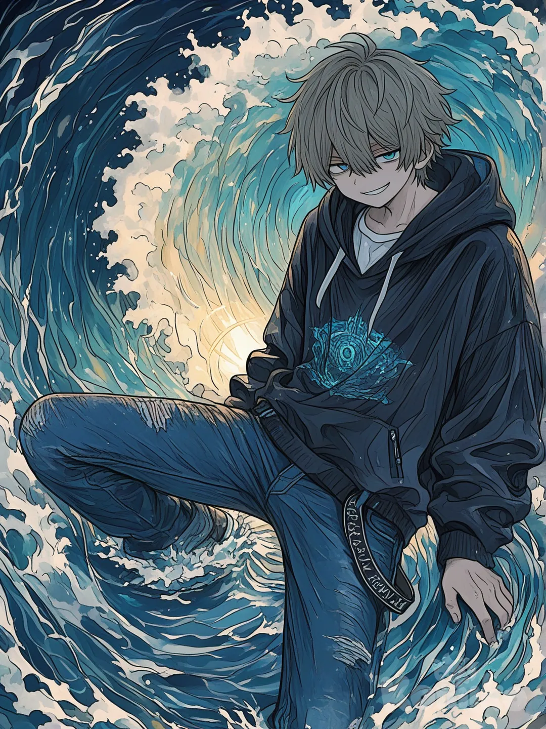 Um garoto adolescente lindo,ele baixo e pouco magro, com cabelo curto azul ciano e olhos azuis lindos, casaco moletom preto e blusa branca e calsa jeans , sorriso confiante, ele tem aura como o oceano furioso e intenso, com ondas no fundo , ele tem cinto com um livro de runas e caneta, [sweet-painting-style]