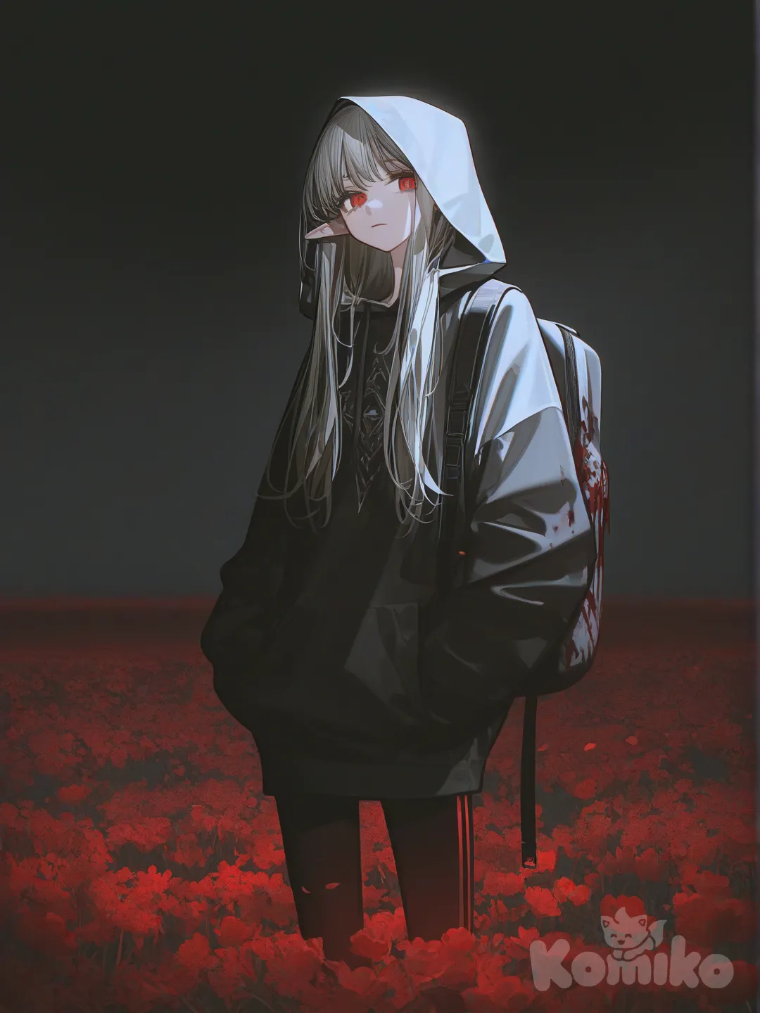 uma elfa pele branca linda olhos vermelho como sangue ,cabelo cinza , moletomcom capuz estampa runas e calsa vermelho e cinza e preto, ela tem mochila , estilo anime meio realista , ela tá de corpo inteira, pisando num campo de flores azul aonde ela passa cria um rastro de flores vermelha com sangue,ambient light, backlight, cinematic lighting, stage light, [high-contrast-glossy-style]