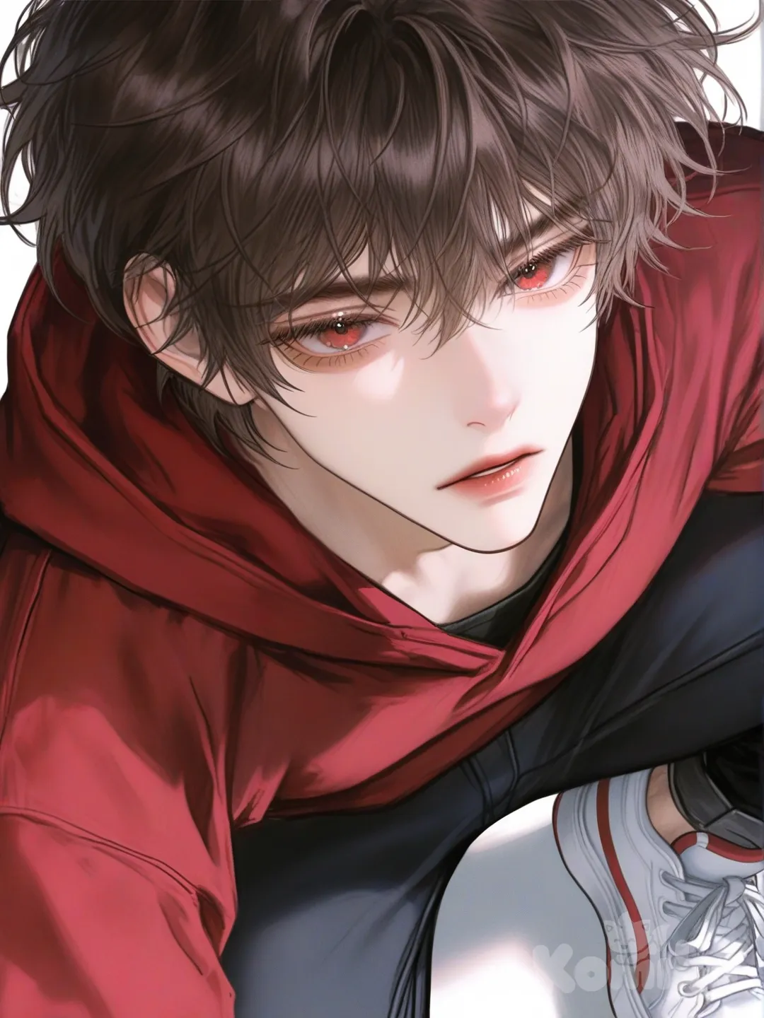 Um garoto adolescente de cabelos bagunçado curto marrom, olhos vermelho carmesim, ele usa moletom vermelho,e calsa jeans preta, e tenis branco, sério ficando os olhos em vc, pose de galã , [semi-realistic-portrait-style]