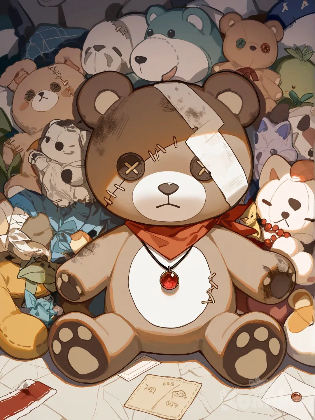 Brinquedo urso de pelúcia, nesse urso tem vários bandanas (azul, verde,e vermelho) tem três colares com a letra K ,T ,Y , meio desgastado por causa do tempo, [lacquered-illustration-style]