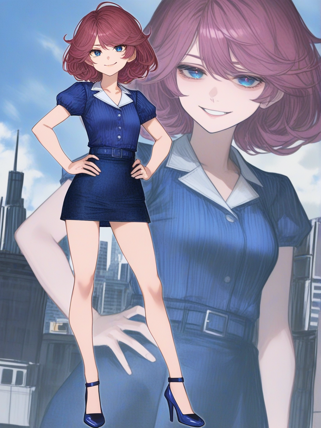 [semi-realistic-portrait-style] 1girl, ikori, tall, small breasts, long legs, dark pink hair, blue eyes, blue dress, miniskirt, blue high heels, smile, standing, hands on hips, cyber city, single character, full body, looking at viewer, anime style