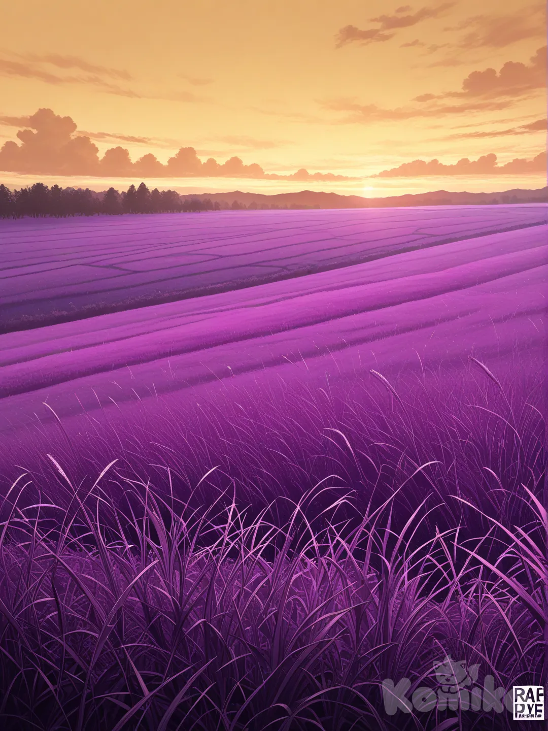 An open environment , yellow sky, purple trees, grass, partly cloudy