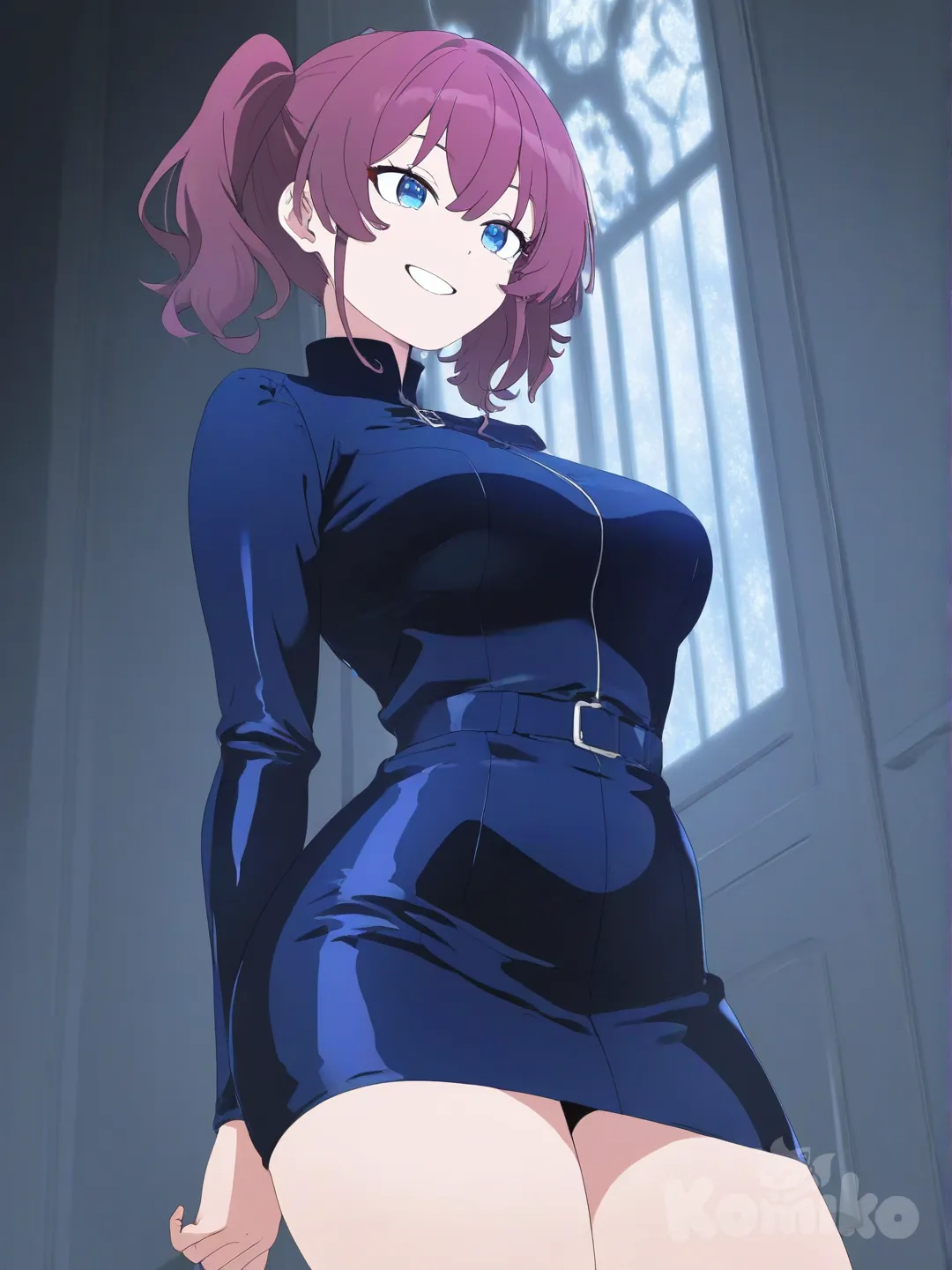 Tall girl, mansion, rich dark pink hair, blue eyes, short twintails, blue rich leather dress, mini skirt, medium chest, smile, [bright-anime-style], upper body