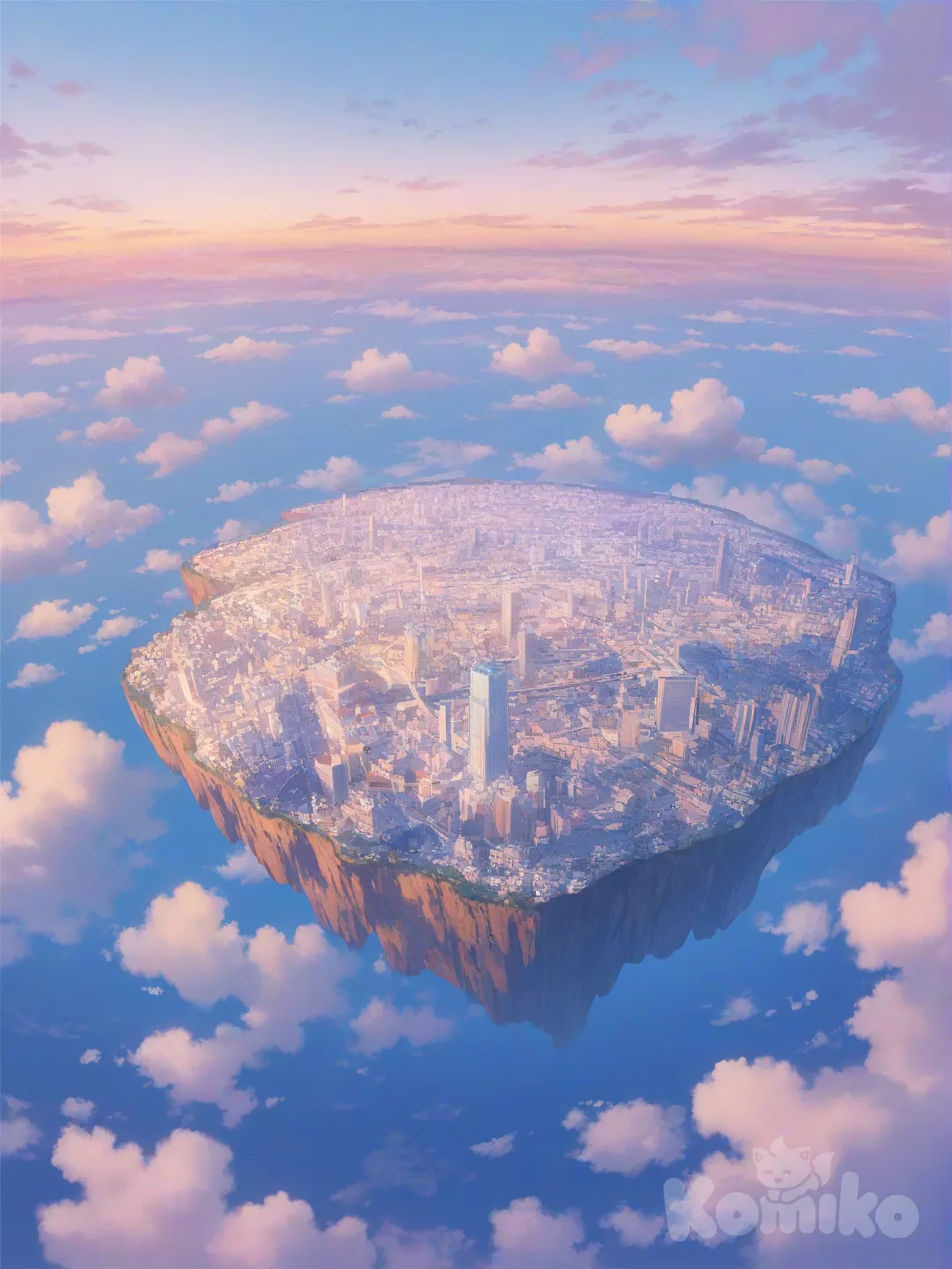 [soft-pastel-style] An advanced floating city island, clouds
