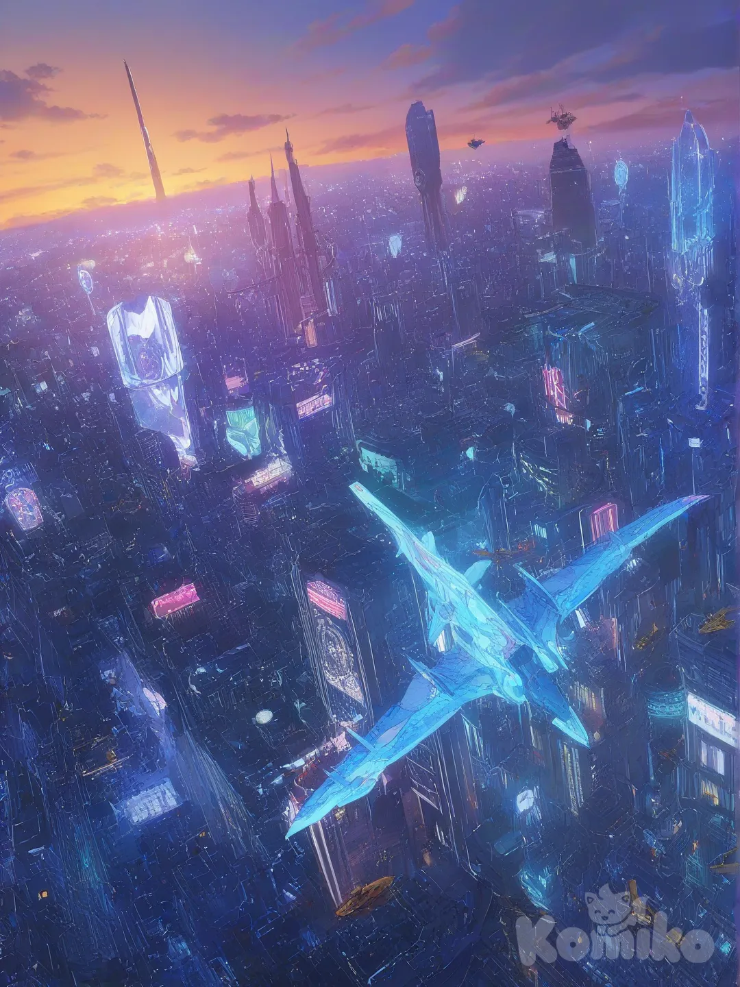 An advanced floating island, clouds, futuristic city, [bright-anime-style]
